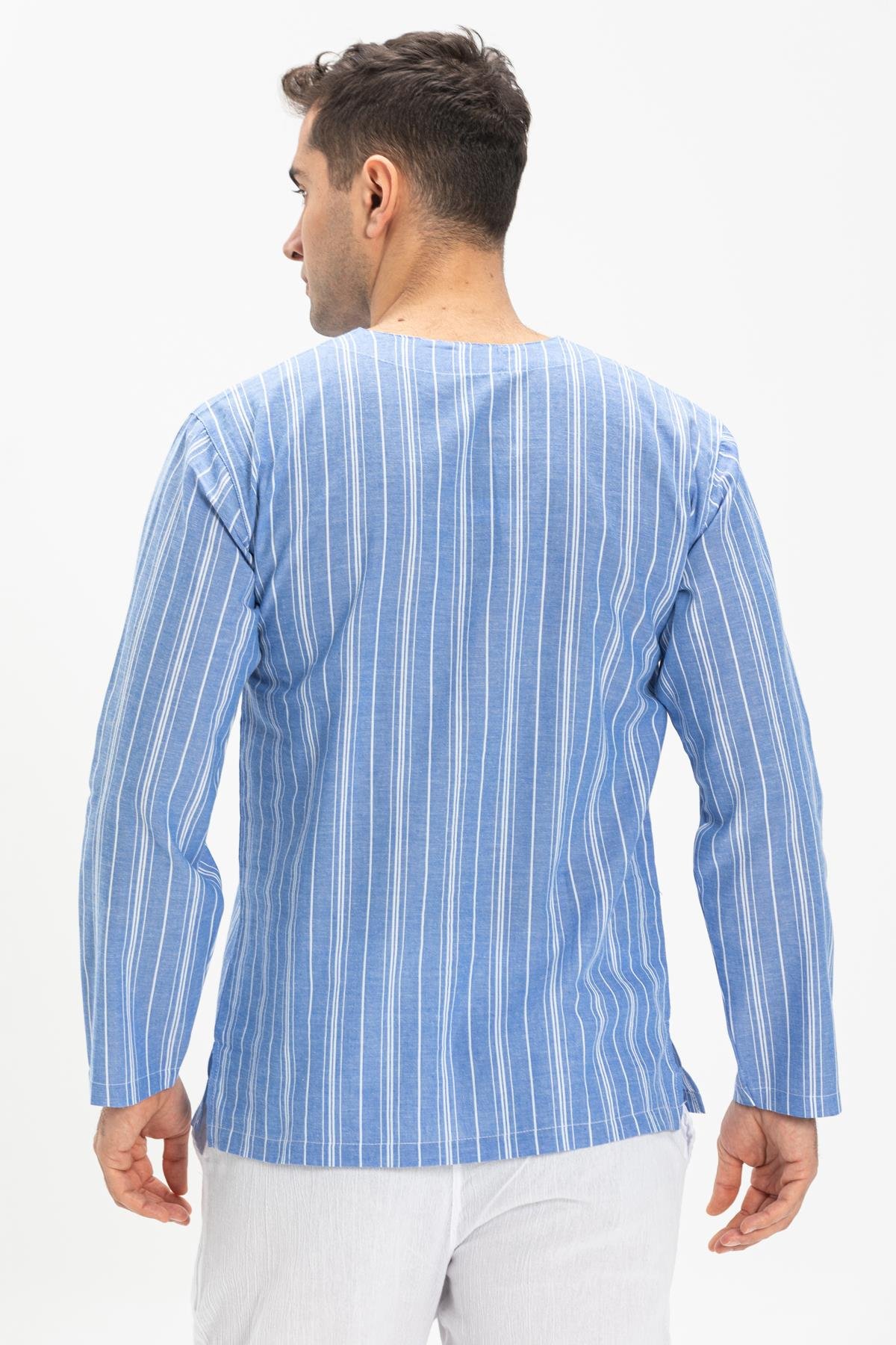 Toptan Uzun Kol Şile Bezi Bisiklet Yaka Erkek Tshirt Mavi Beyaz Çizgili