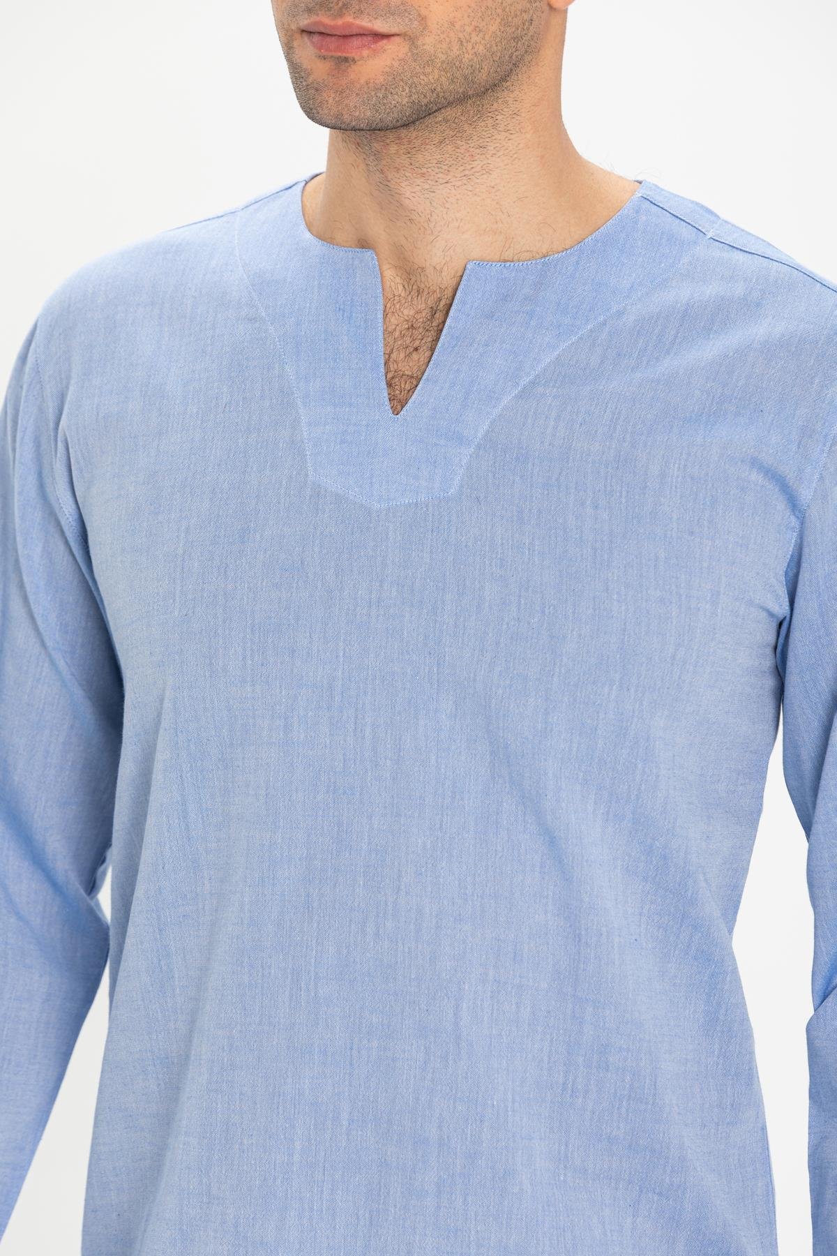 Toptan Uzun Kol Şile Bezi Bisiklet Yaka Erkek Tshirt Mavi