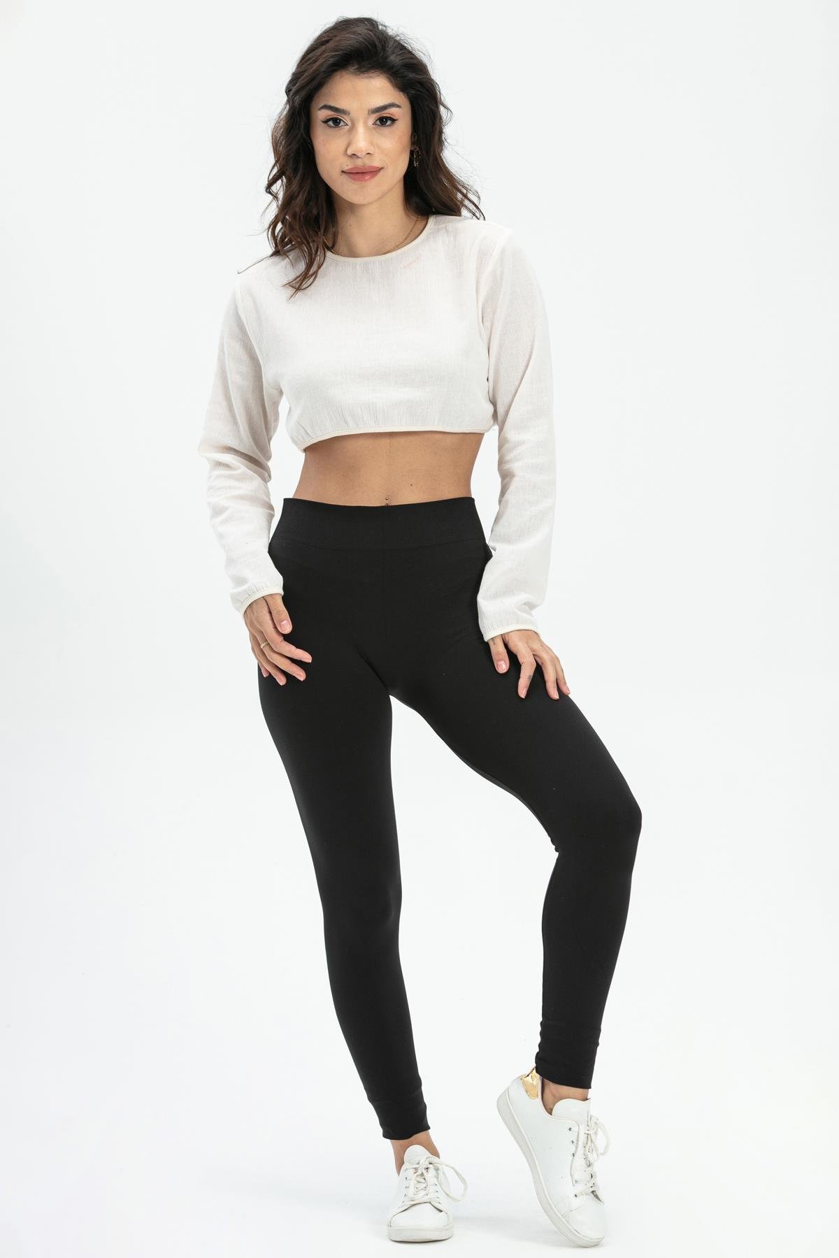 Toptan Uzun Kol Şile Bezi Bisiklet Yaka Crop Astar Bluz Krem Krm