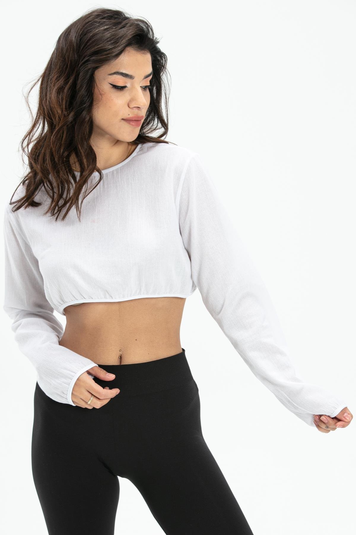 Toptan Uzun Kol Şile Bezi Bisiklet Yaka Crop Astar Bluz Beyaz Byz