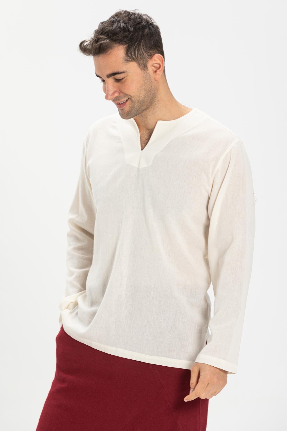 Toptan Uzun Kol Şile Bezi Bisiklet Yaka Erkek Tshirt Krem