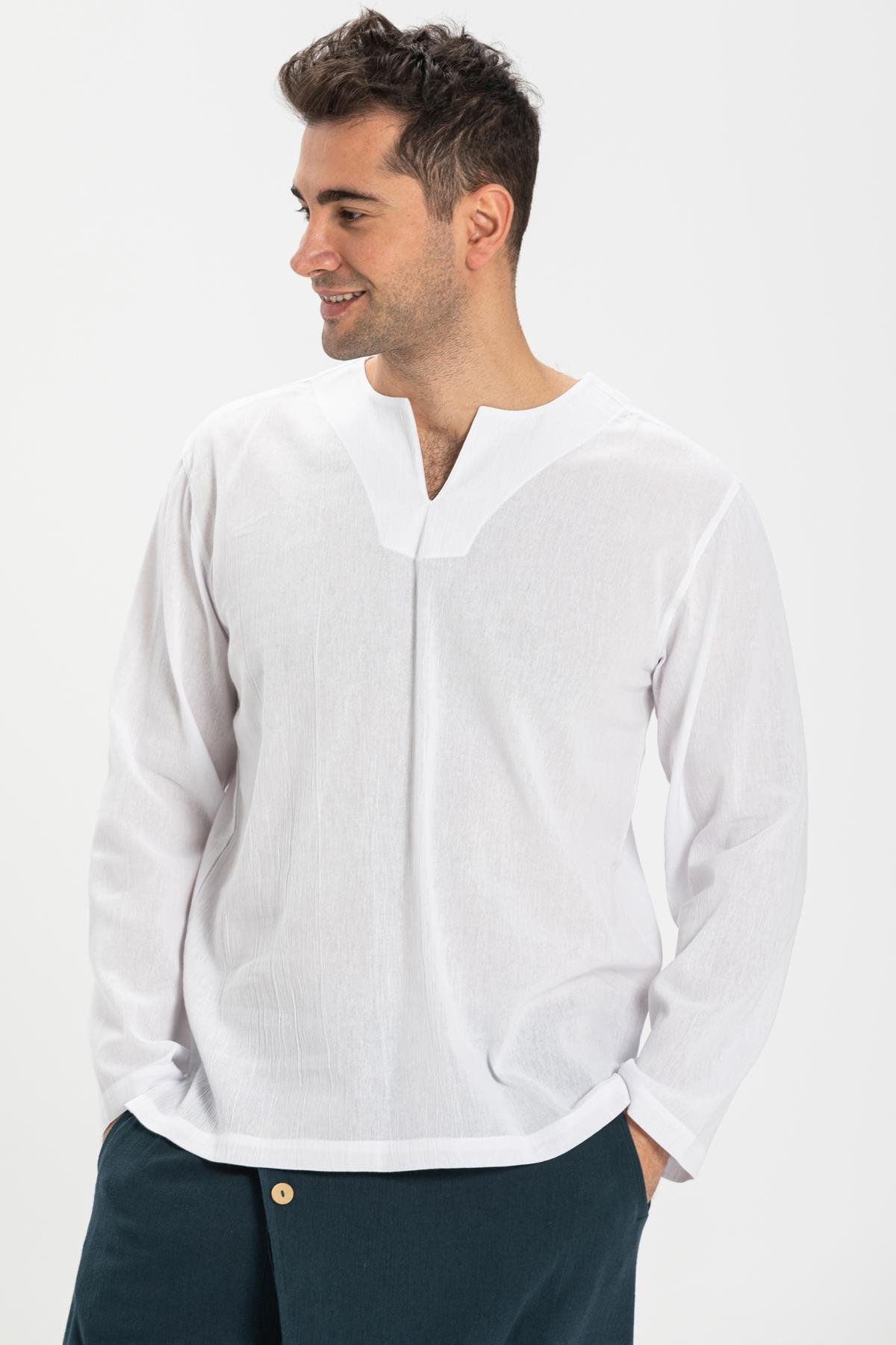 Toptan Uzun Kol Şile Bezi Bisiklet Yaka Erkek Tshirt Beyaz