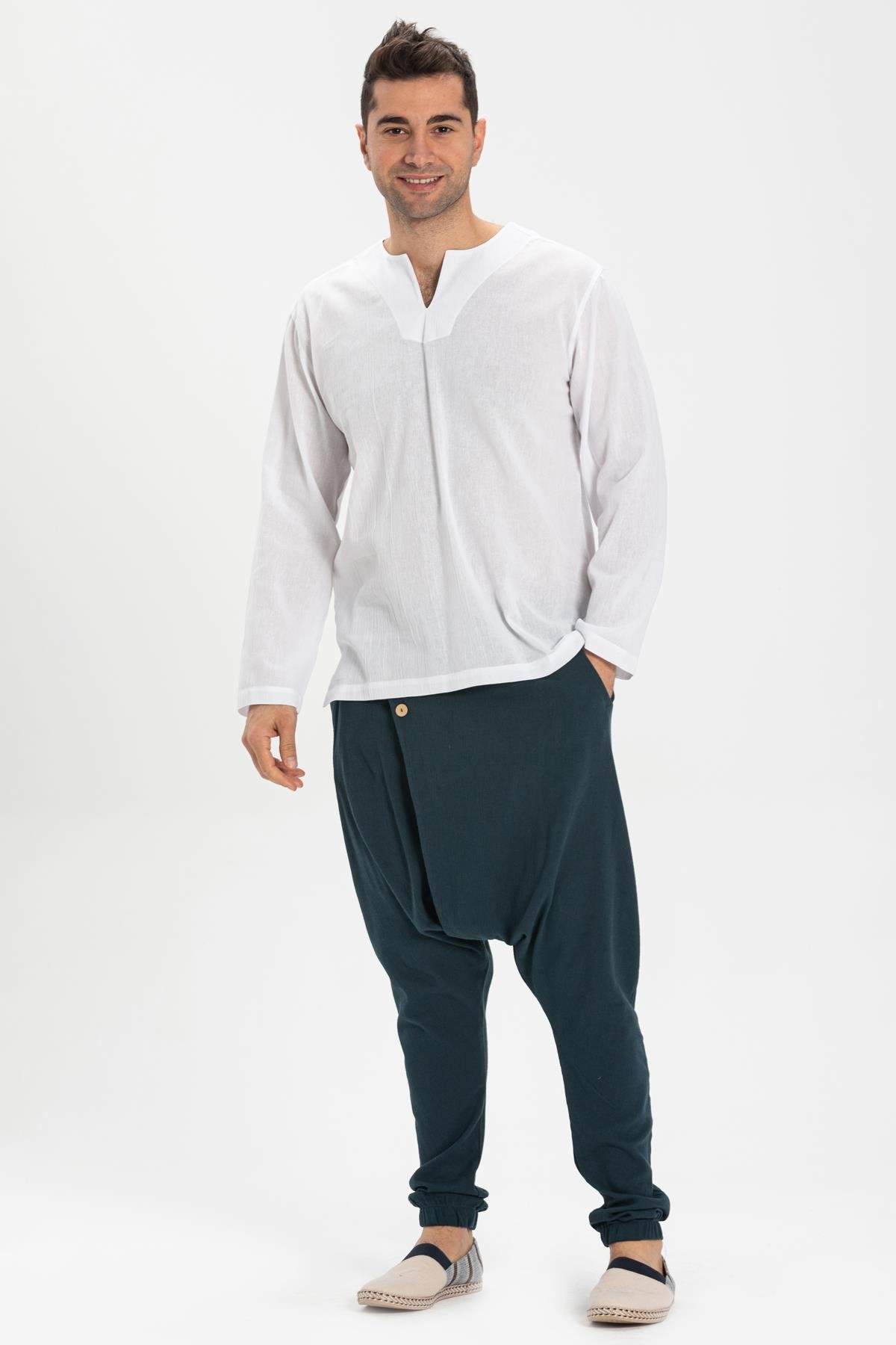 Toptan Uzun Kol Şile Bezi Bisiklet Yaka Erkek Tshirt Beyaz