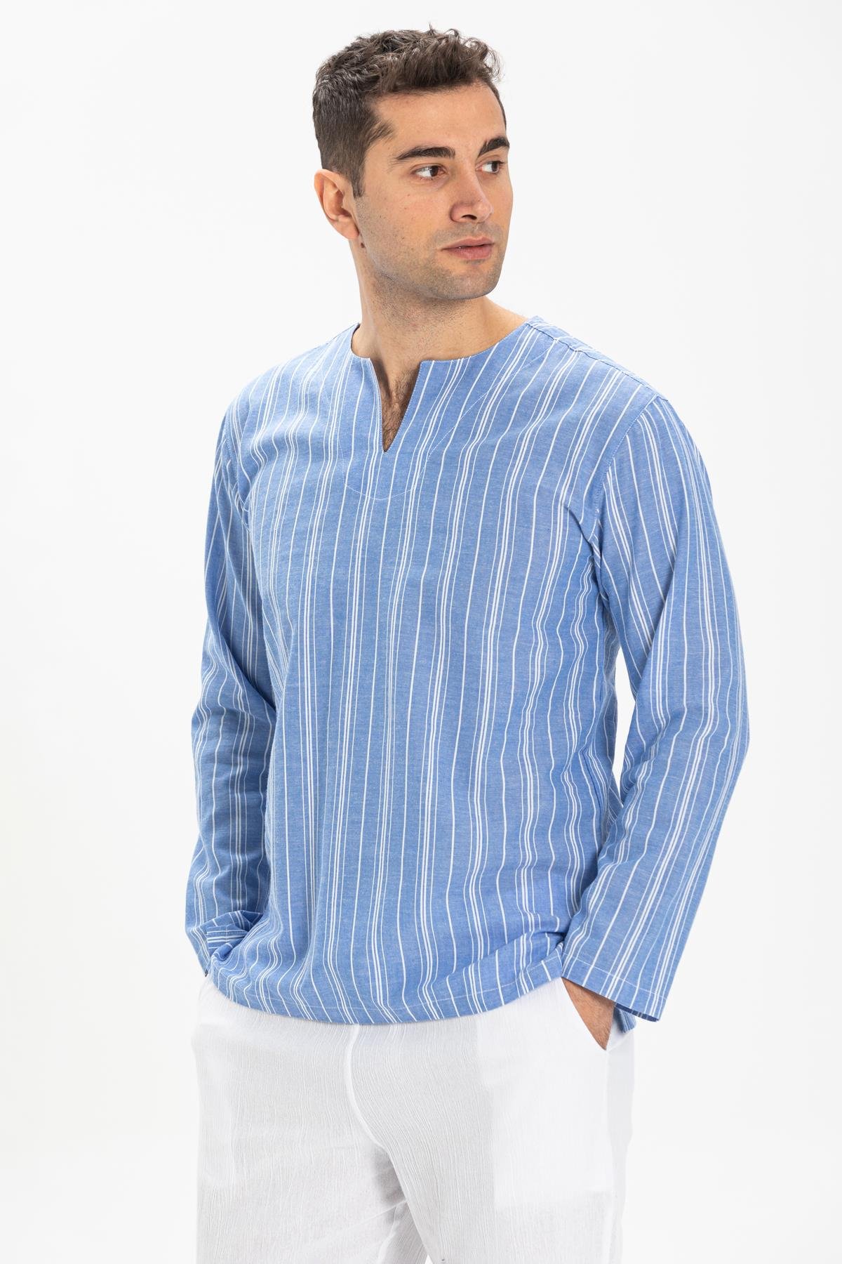 Toptan Uzun Kol Şile Bezi Bisiklet Yaka Erkek Tshirt Mavi Beyaz Çizgili