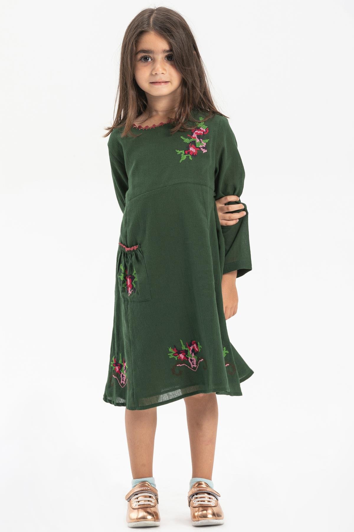 Toptan Uzun Kol Şile Bezi Burçak Çocuk Elbise Yeşil