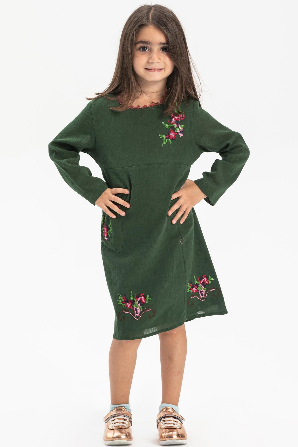Toptan Uzun Kol Şile Bezi Burçak Çocuk Elbise Yeşil