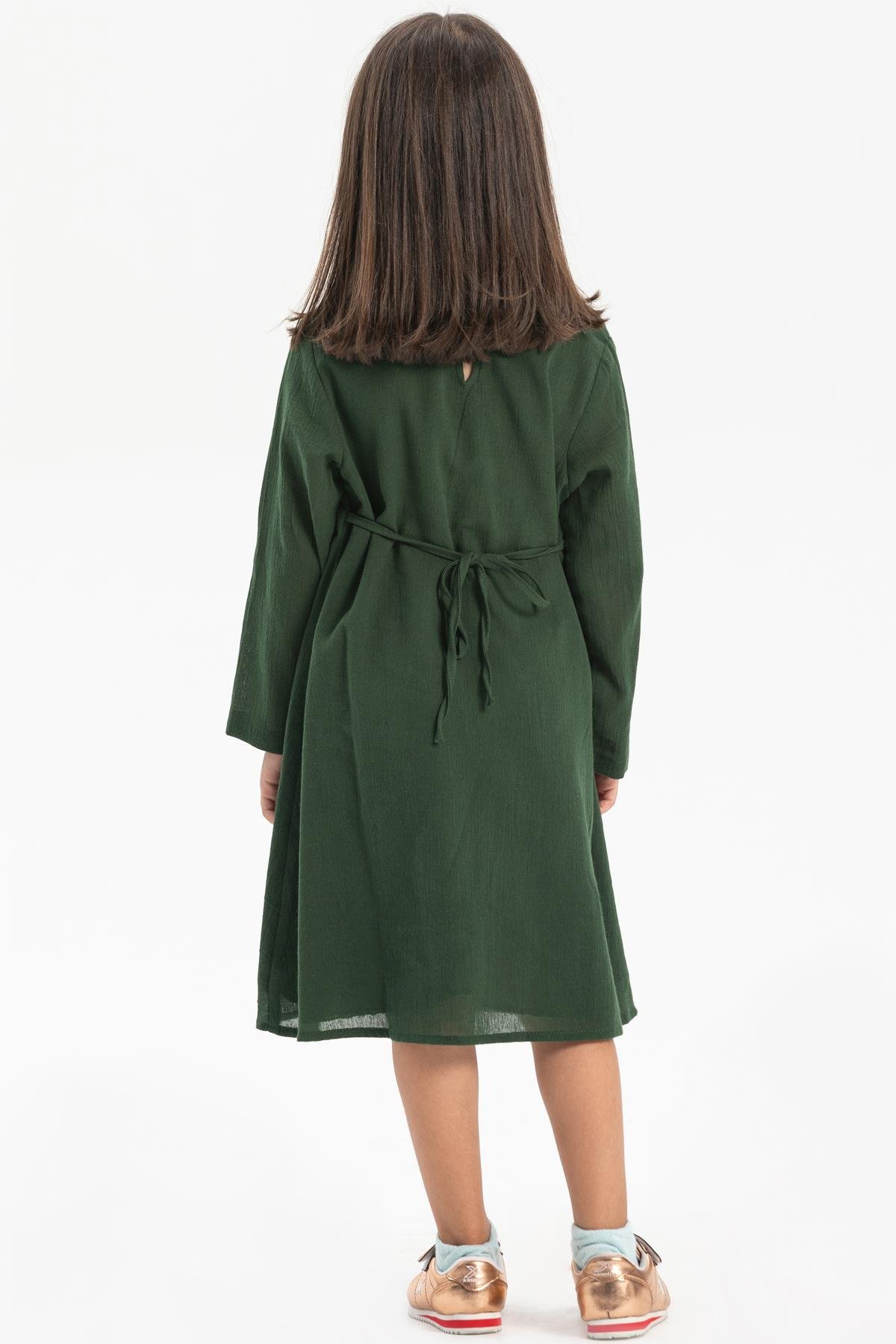 Toptan Uzun Kol Şile Bezi Burçak Çocuk Elbise Yeşil
