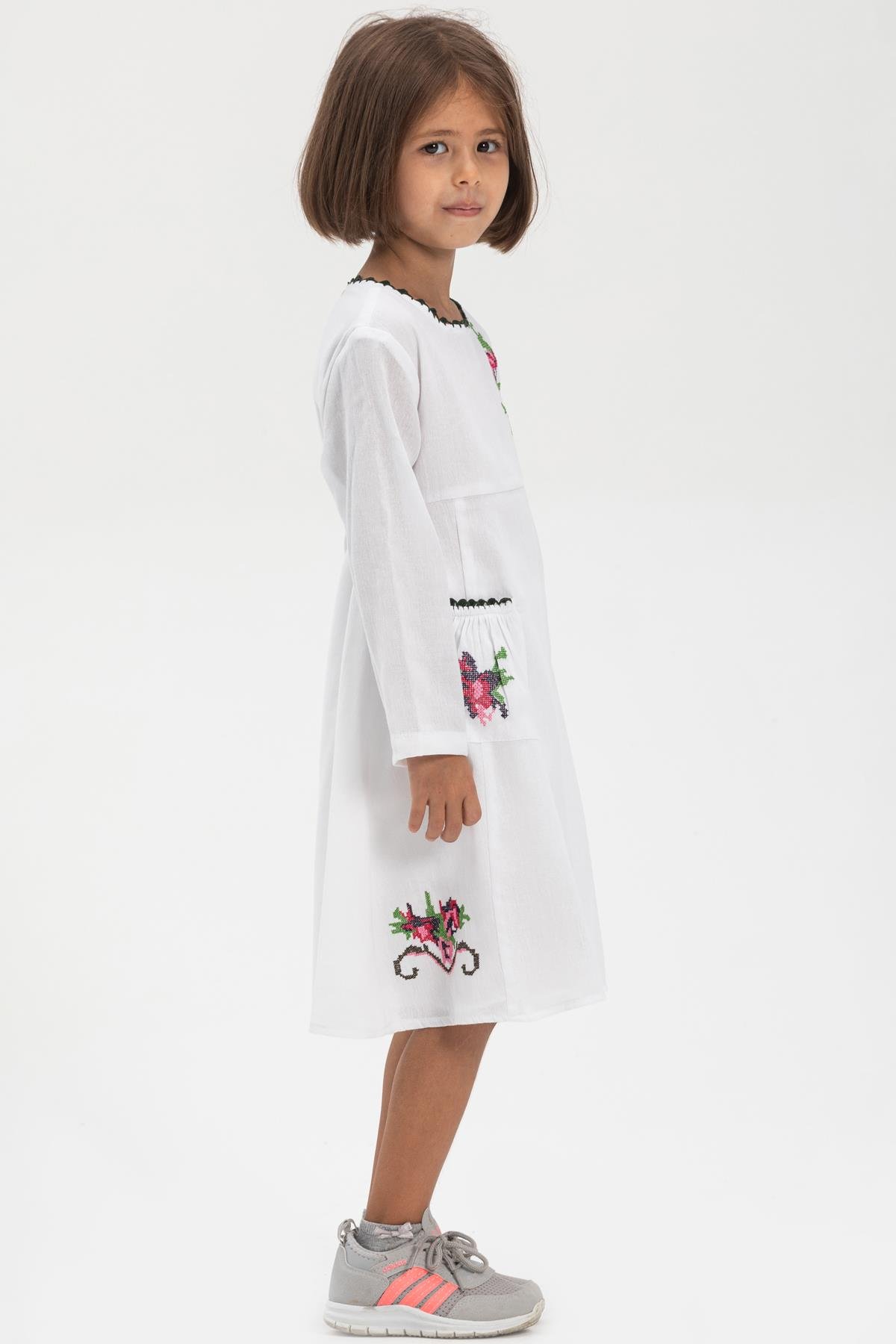 Toptan Uzun Kol Şile Bezi Burçak Çocuk Elbise Beyaz