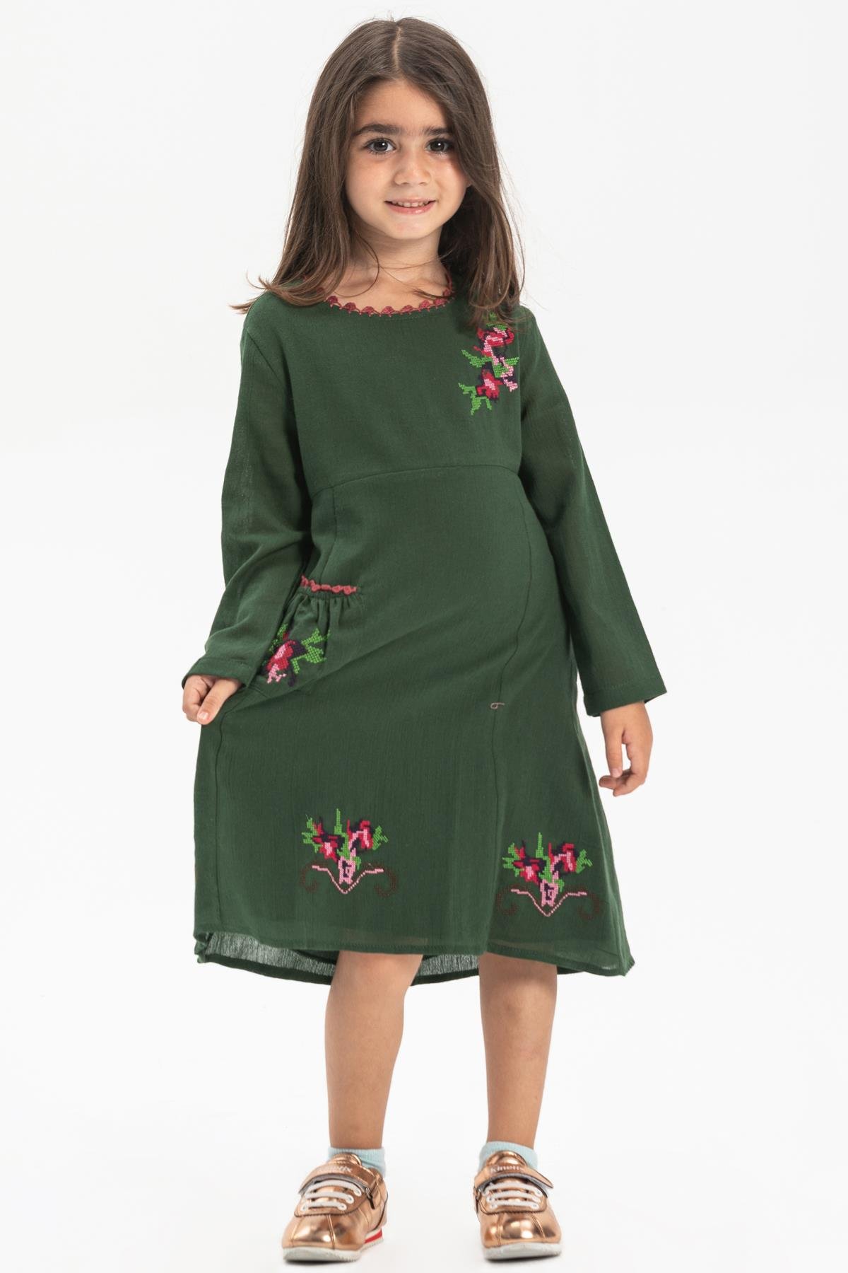 Toptan Uzun Kol Şile Bezi Burçak Çocuk Elbise Yeşil