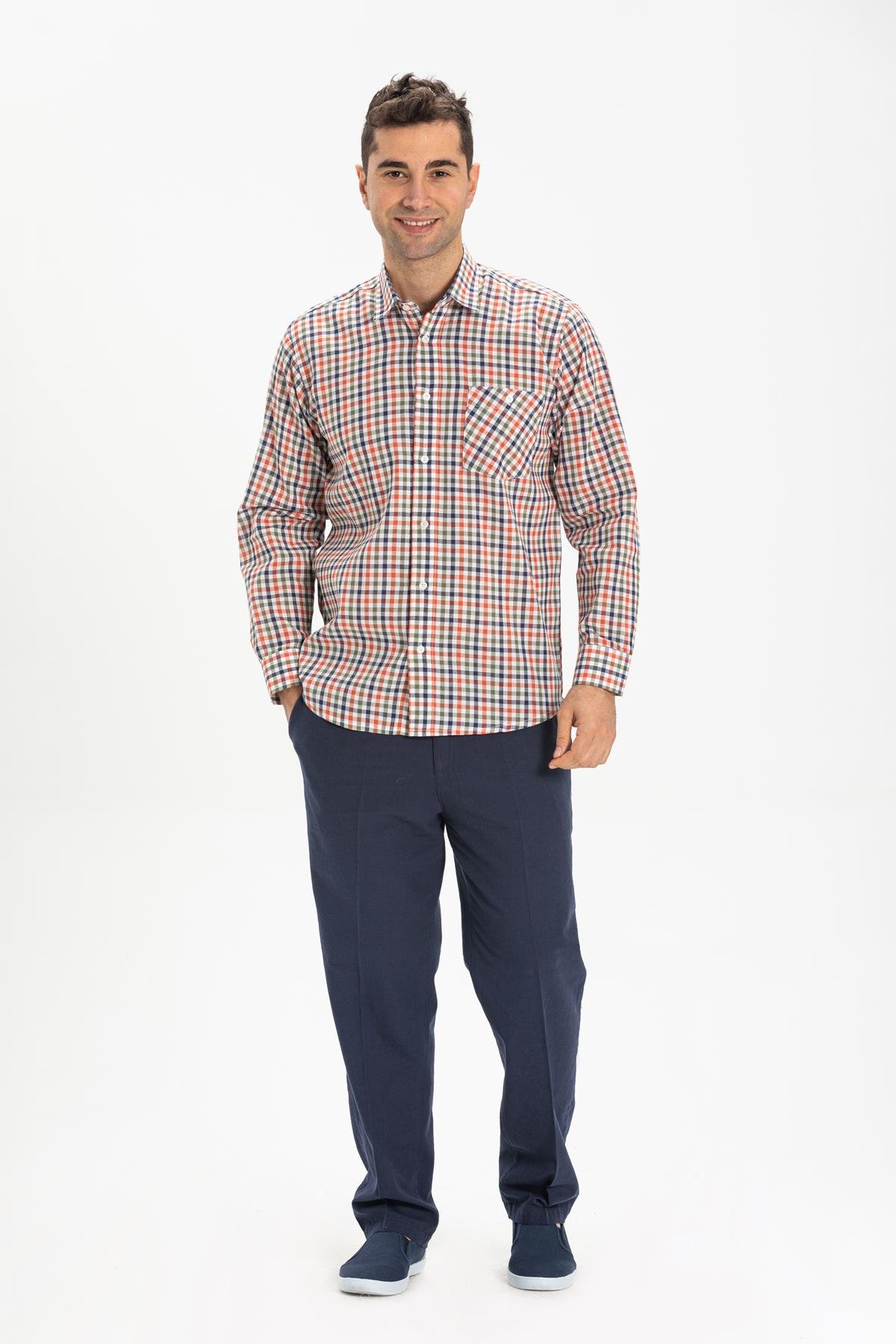 Toptan Uzun Kol Şile Bezi Erkek Gömlek Turuncu Lacivert Pötikare