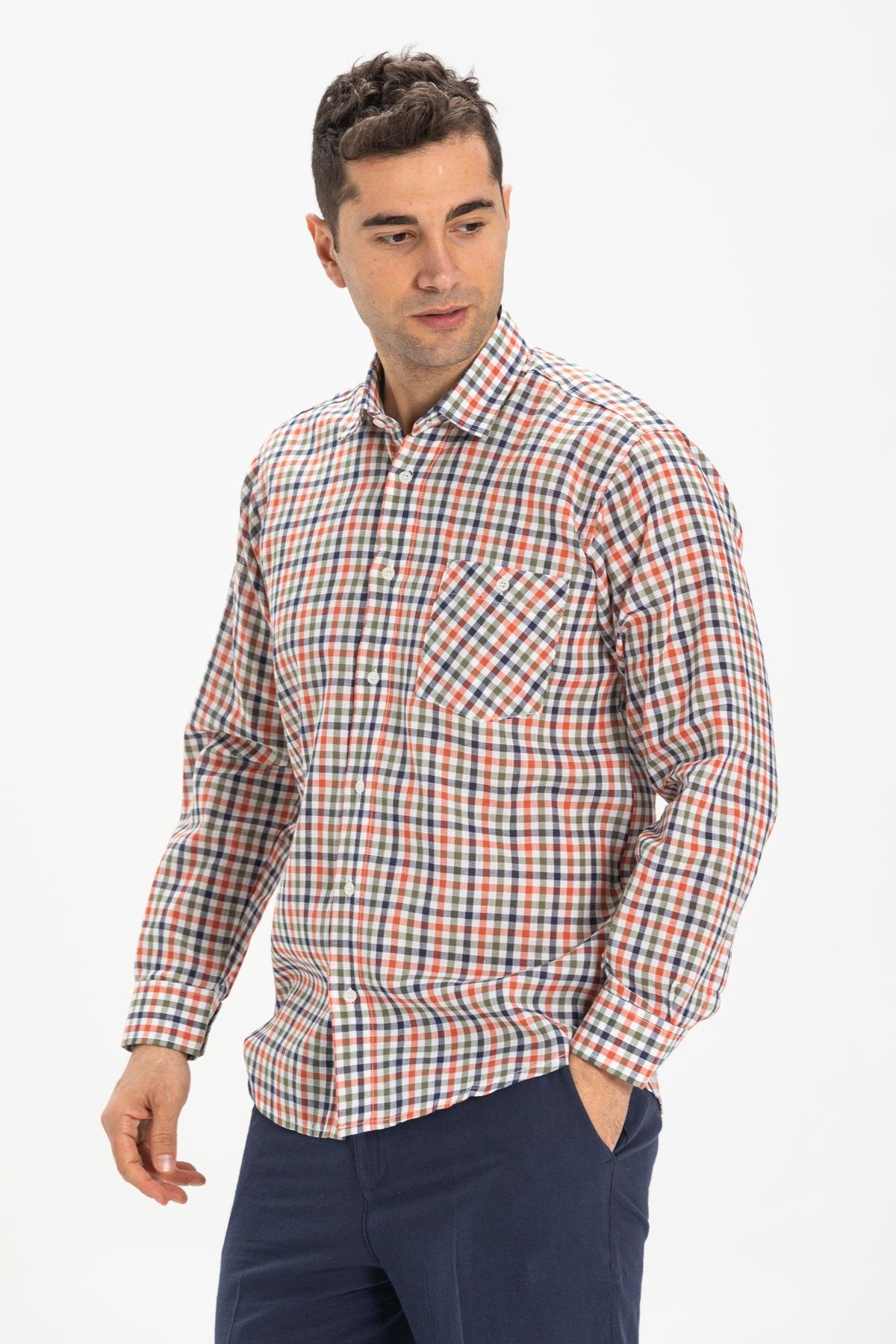 Toptan Uzun Kol Şile Bezi Erkek Gömlek Turuncu Lacivert Pötikare