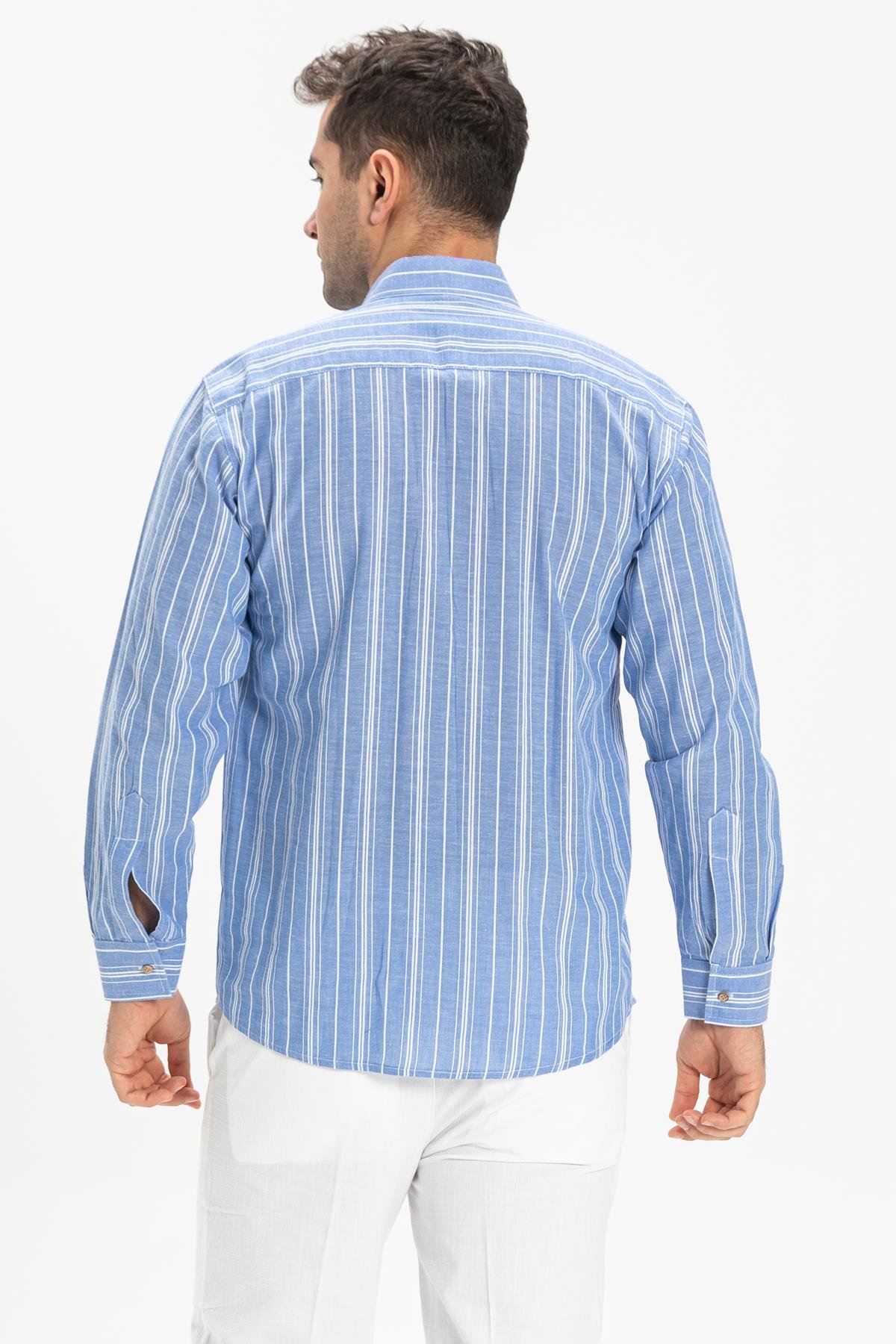 Toptan Uzun Kol Şile Bezi Erkek Gömlek Mavi Beyaz Çizgili