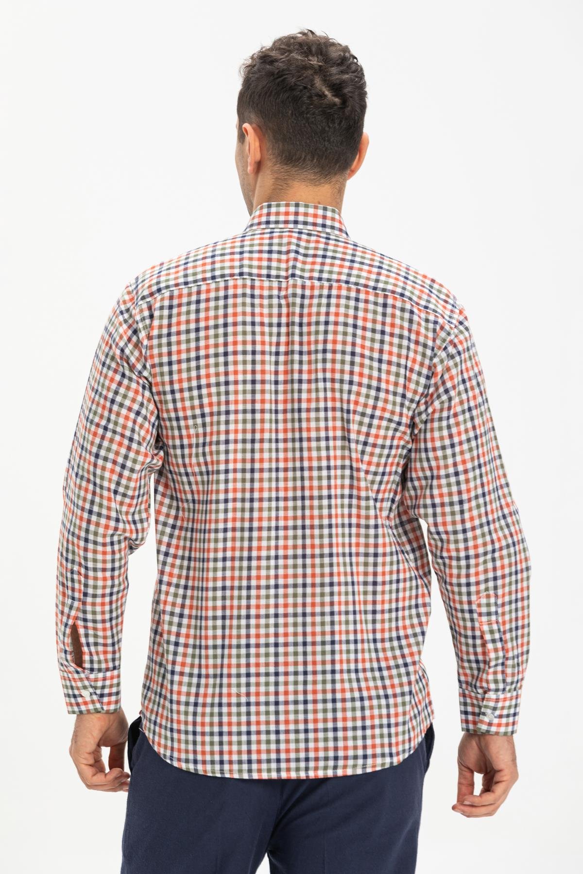 Toptan Uzun Kol Şile Bezi Erkek Gömlek Turuncu Lacivert Pötikare