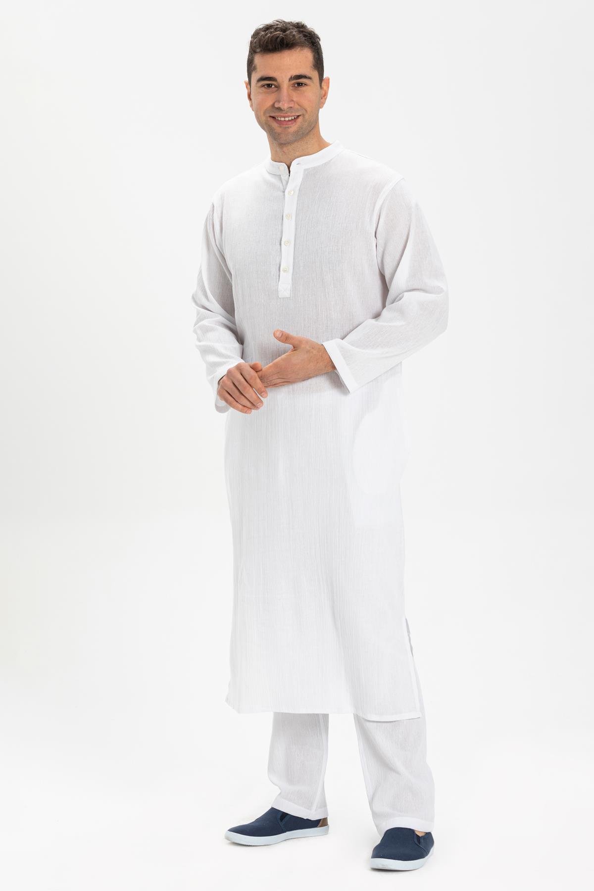 Toptan Uzun Kol Şile Bezi Erkek Hac ve Umre Elbise Beyaz