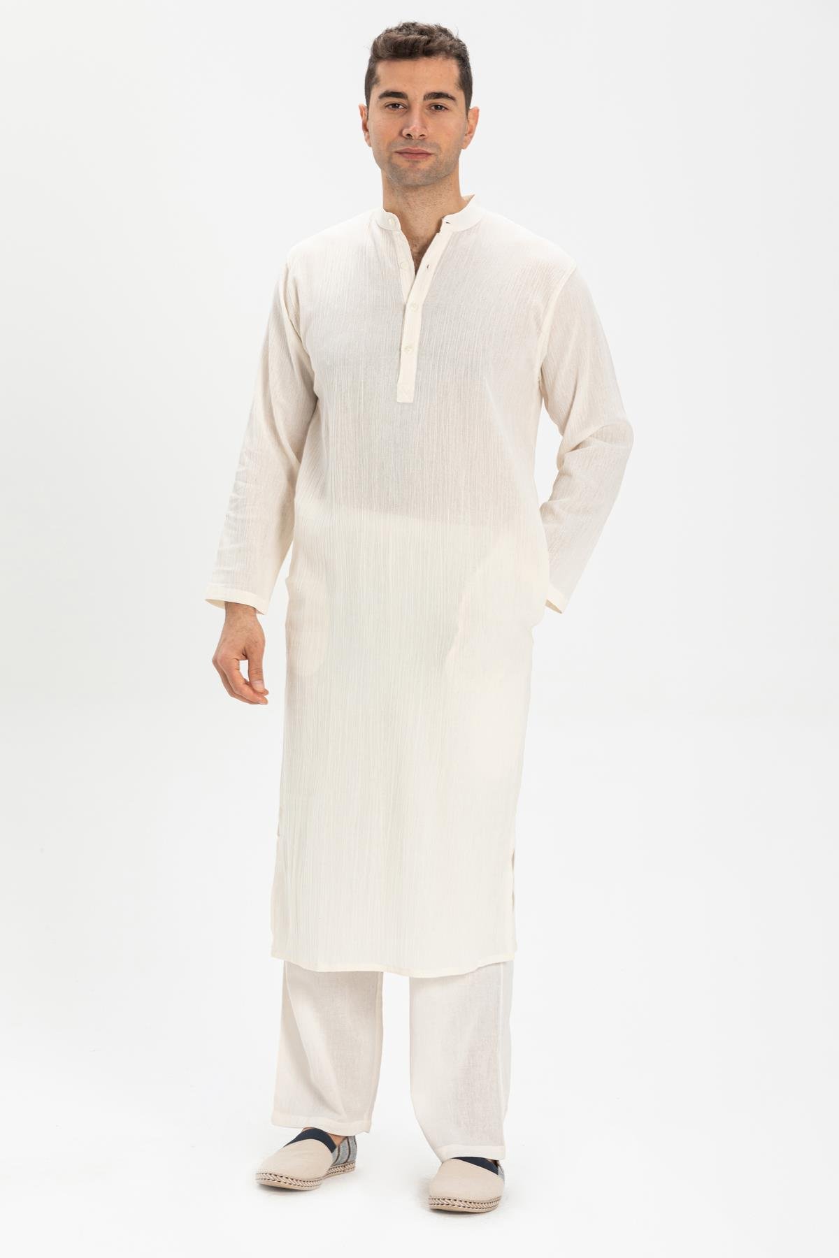Toptan Uzun Kol Şile Bezi Erkek Hac ve Umre Elbise Krem