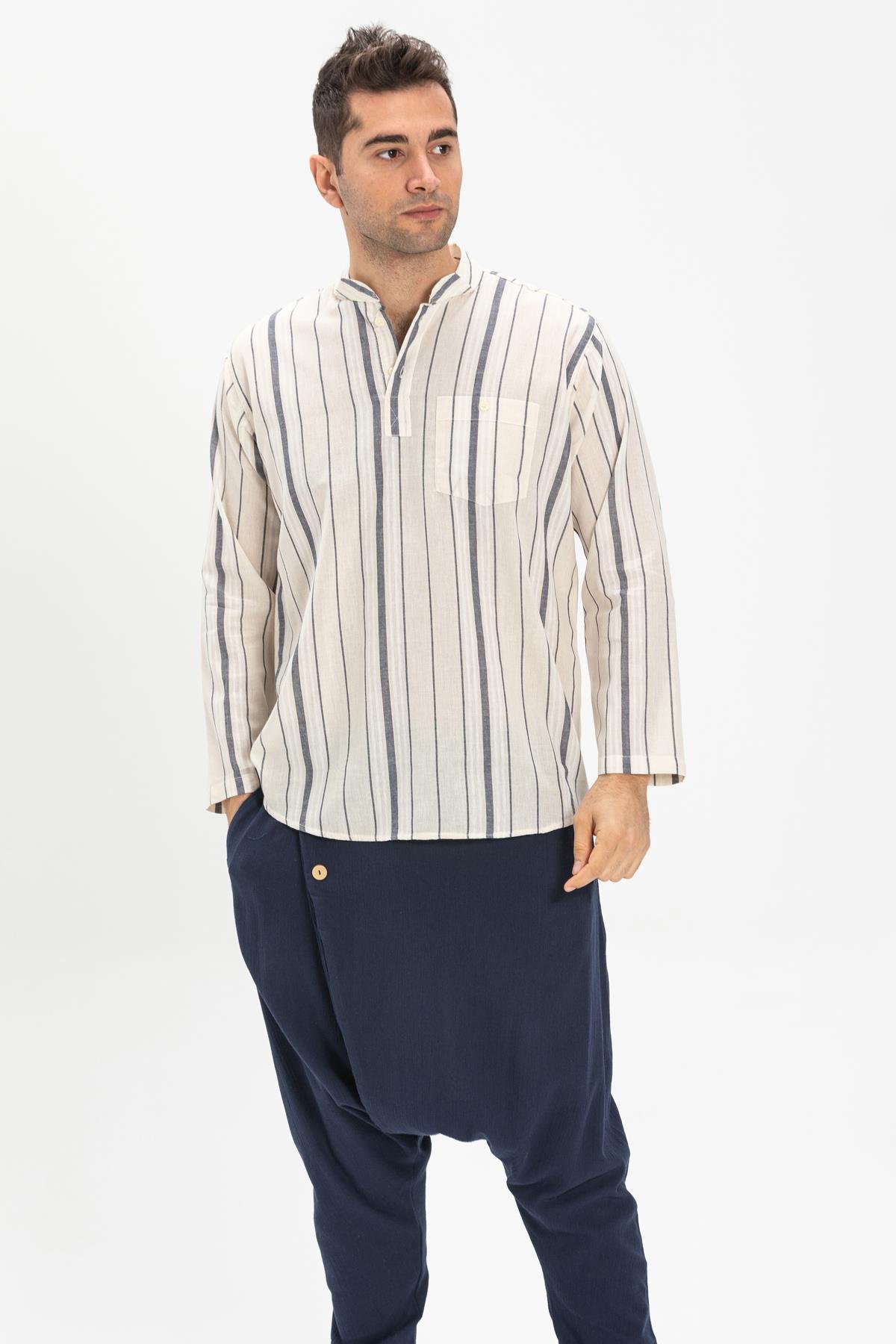 Toptan Uzun Kol Şile Bezi Hakim Yaka Erkek Tshirt Ekru Gri Çizgili