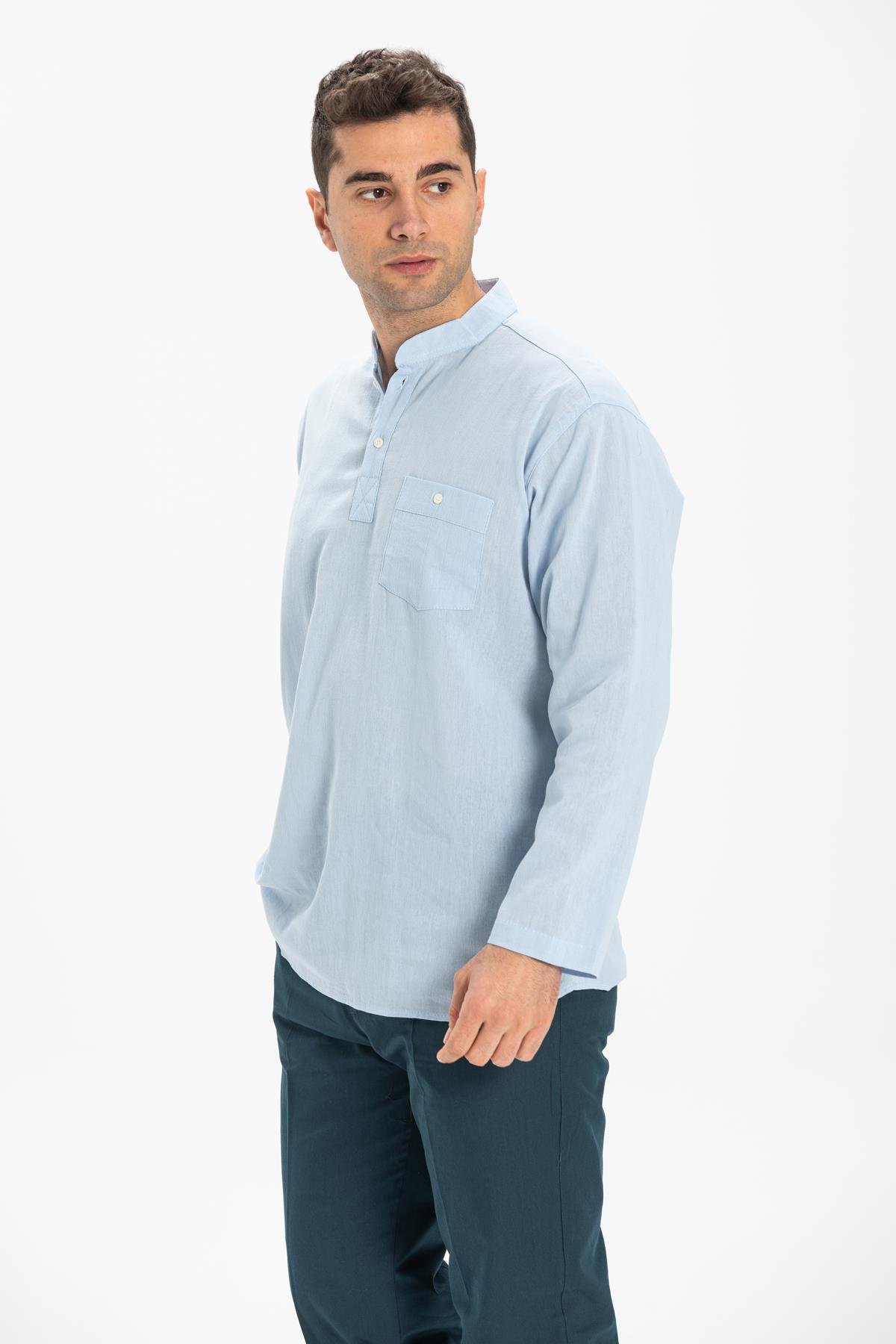 Toptan Uzun Kol Şile Bezi Hakim Yaka Erkek Tshirt Buz Mavi