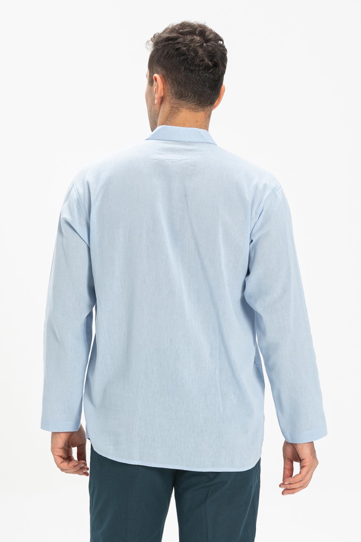 Toptan Uzun Kol Şile Bezi Hakim Yaka Erkek Tshirt Buz Mavi