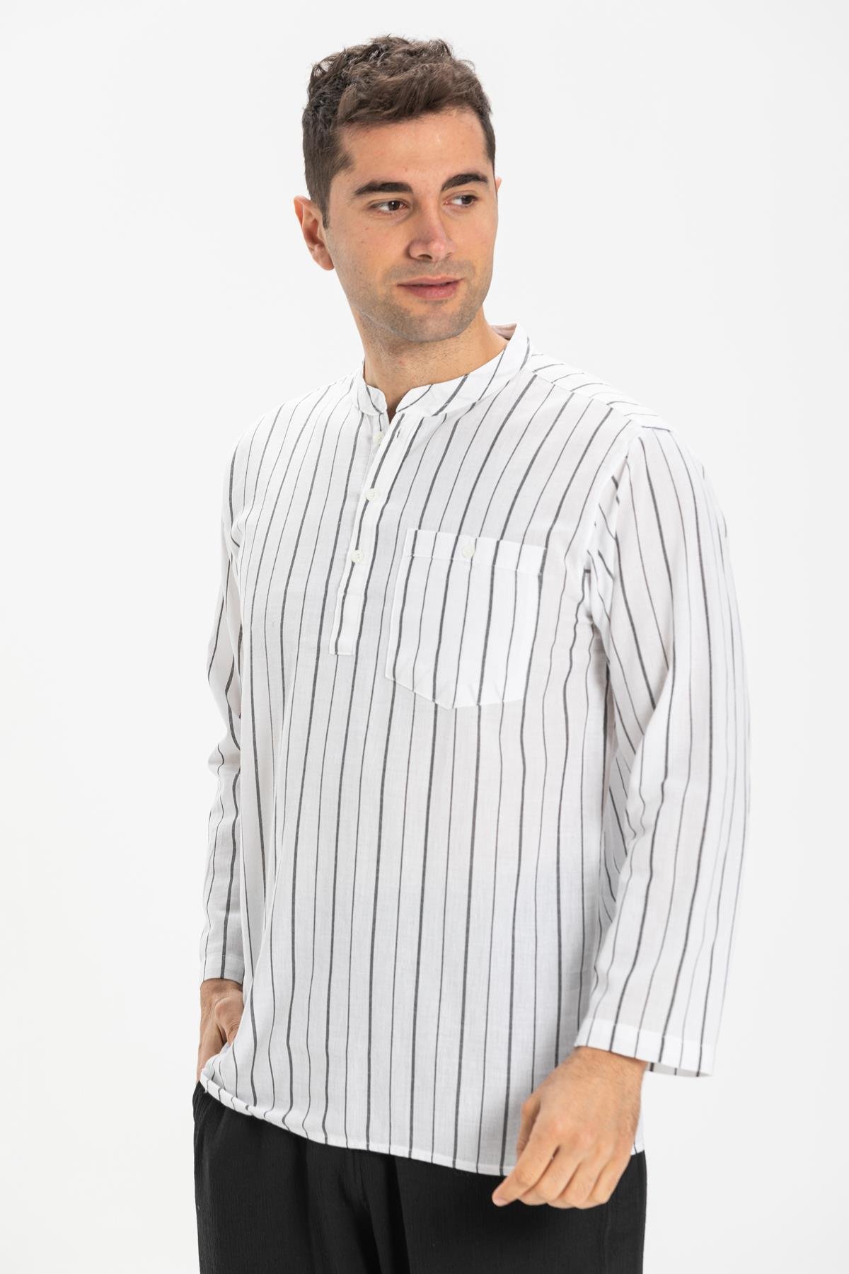 Toptan Uzun Kol Şile Bezi Hakim Yaka Erkek Tshirt Beyaz Siyah Çizgi