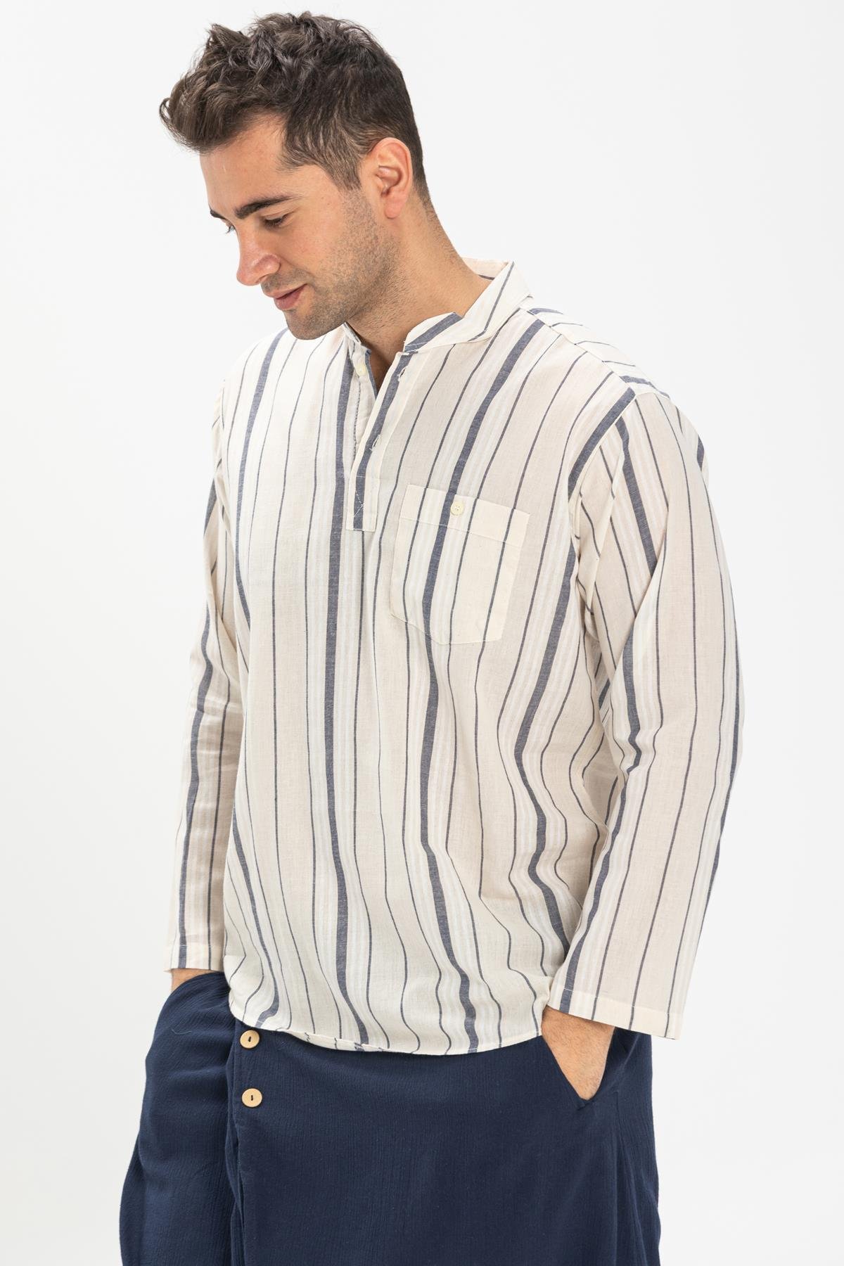 Toptan Uzun Kol Şile Bezi Hakim Yaka Erkek Tshirt Ekru Gri Çizgili