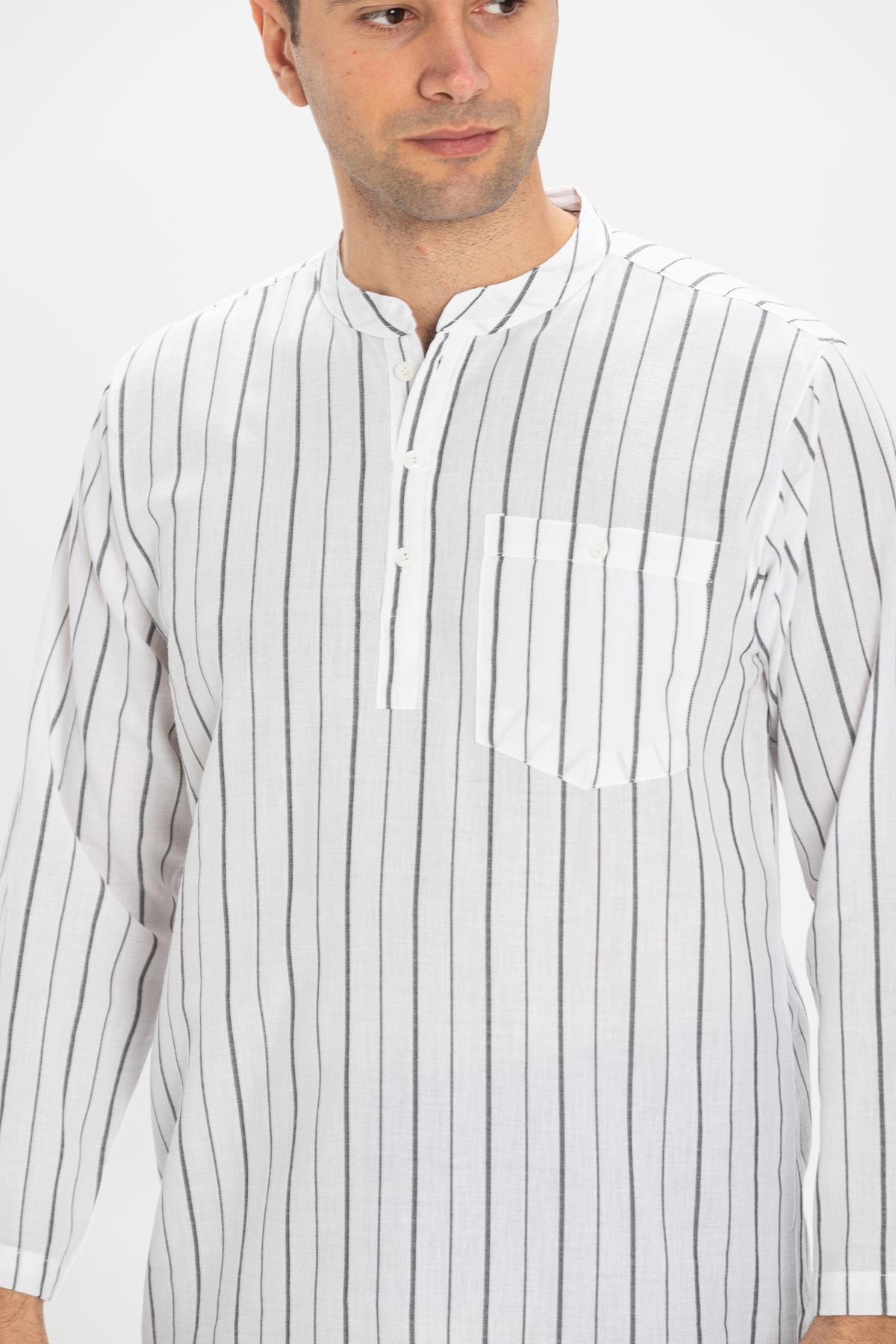 Toptan Uzun Kol Şile Bezi Hakim Yaka Erkek Tshirt Beyaz Siyah Çizgi