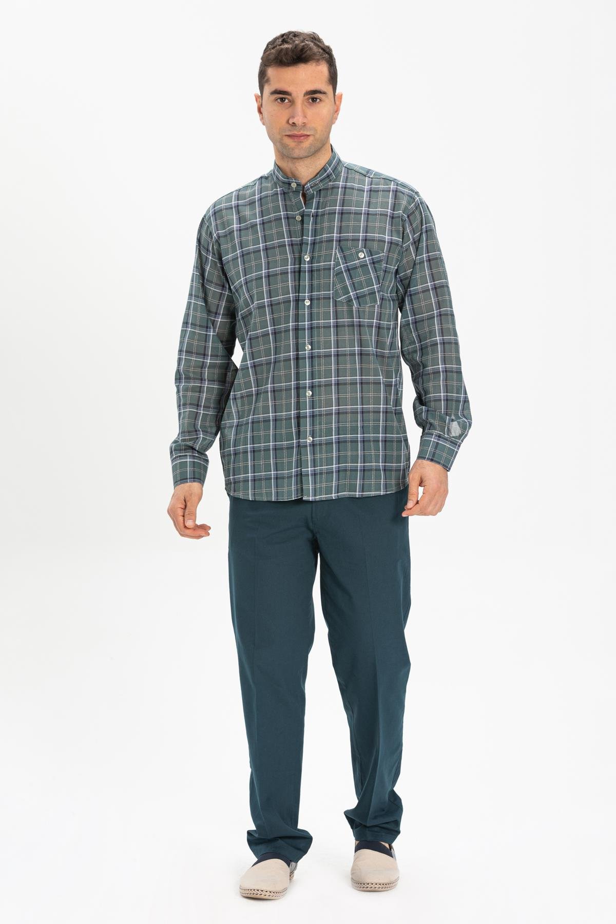 Toptan Uzun Kol Şile Bezi Hakim Yaka Erkek Gömlek Haki Ekose