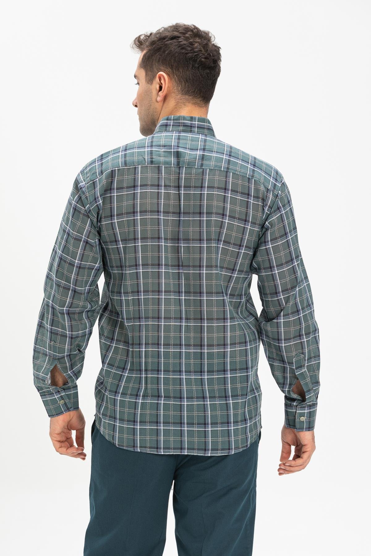 Toptan Uzun Kol Şile Bezi Hakim Yaka Erkek Gömlek Haki Ekose