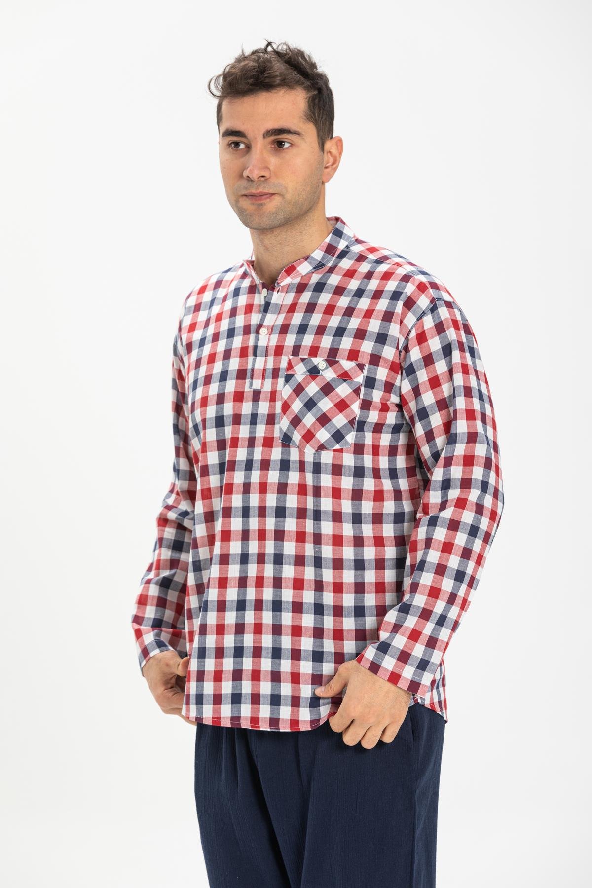 Toptan Uzun Kol Şile Bezi Hakim Yaka Erkek Tshirt Kırmızı Lacivert Kareli