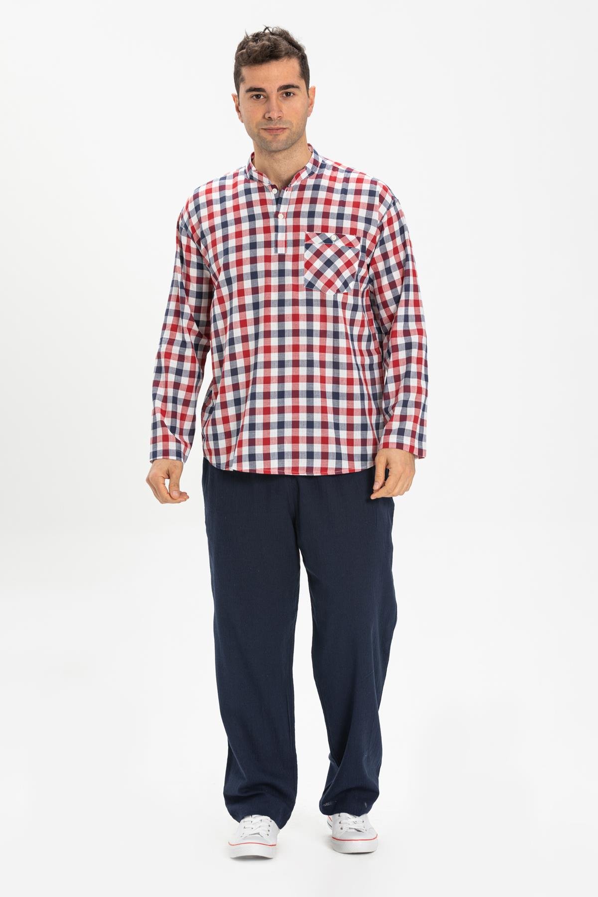 Toptan Uzun Kol Şile Bezi Hakim Yaka Erkek Tshirt Kırmızı Lacivert Kareli