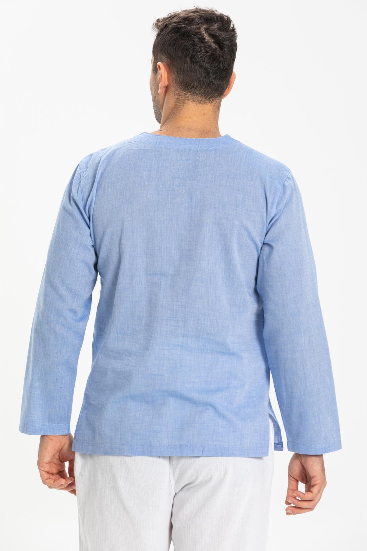 Toptan Uzun Kol Şile Bezi Zımbalı Erkek Tshirt Mavi