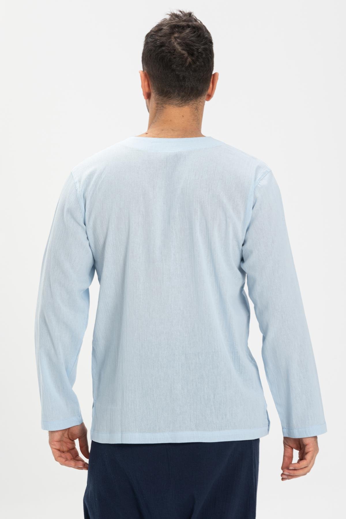 Toptan Uzun Kol Şile Bezi Zımbalı Erkek Tshirt Buz Mavi