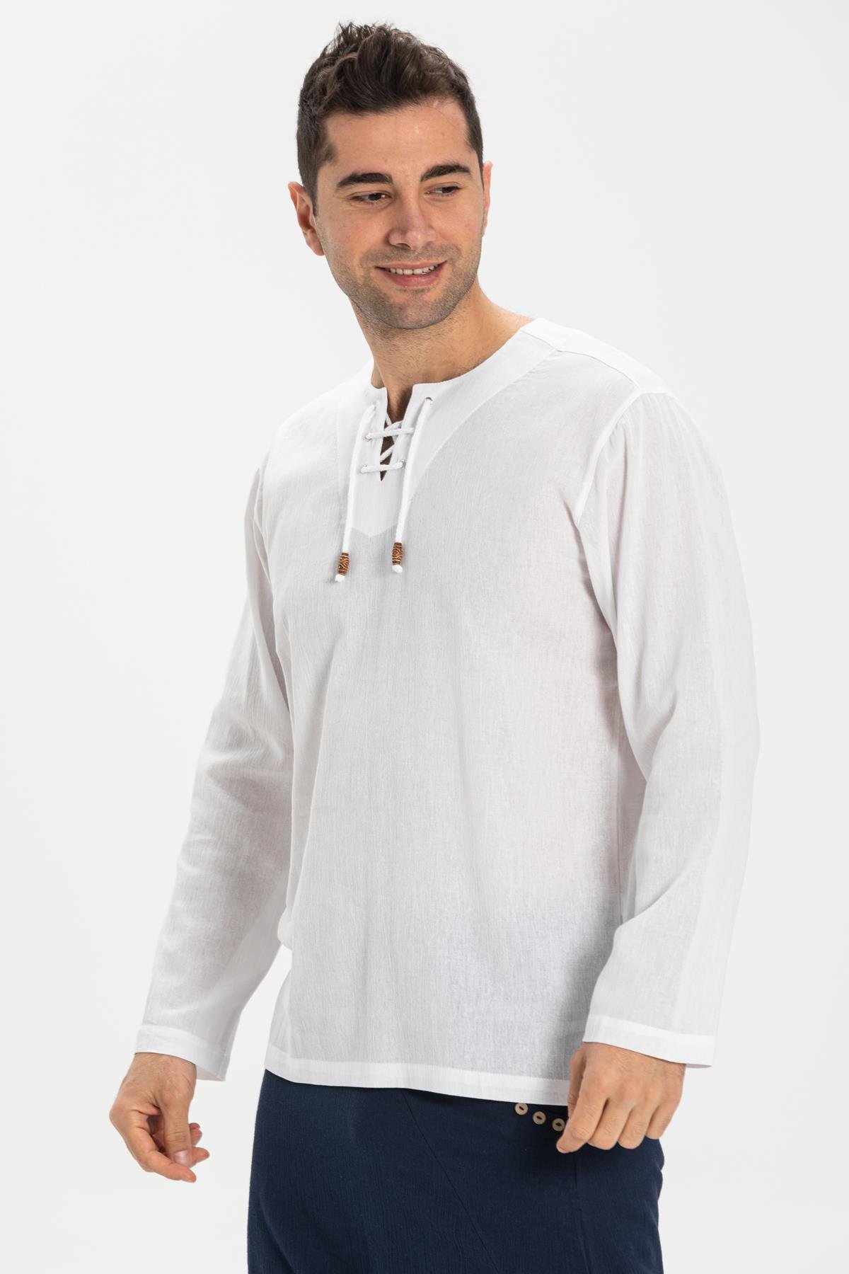 Toptan Uzun Kol Şile Bezi Zımbalı Erkek Tshirt Beyaz