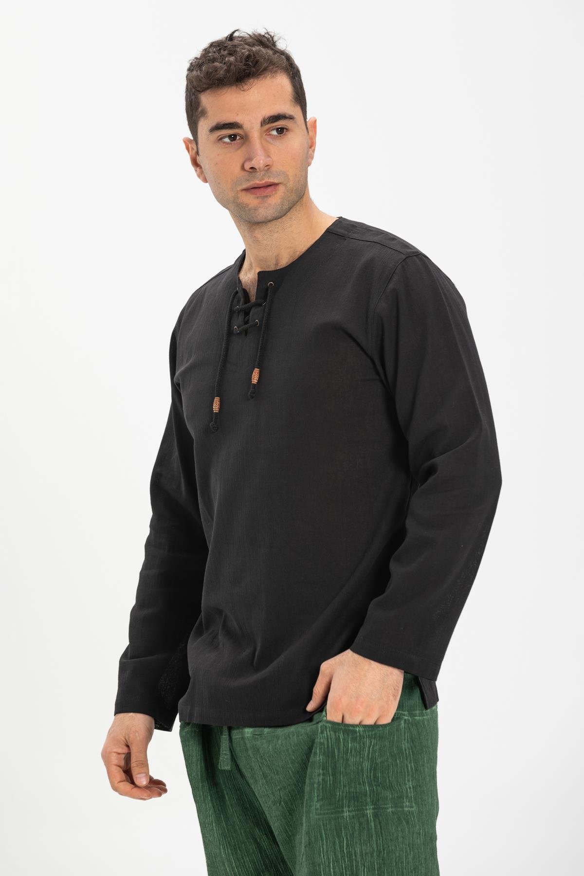 Toptan Uzun Kol Şile Bezi Zımbalı Erkek Tshirt Siyah