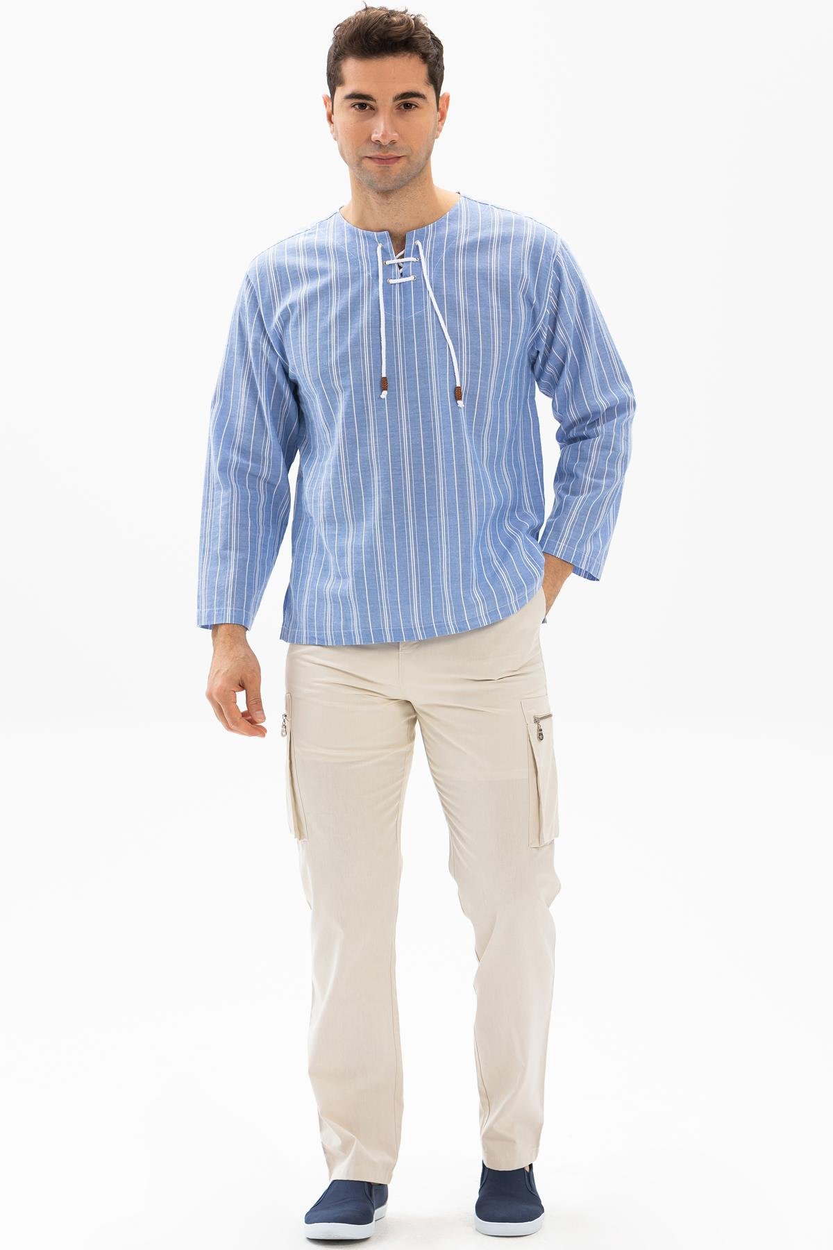 Toptan Uzun Kol Şile Bezi Zımbalı Erkek Tshirt Mavi Beyaz Çizgili