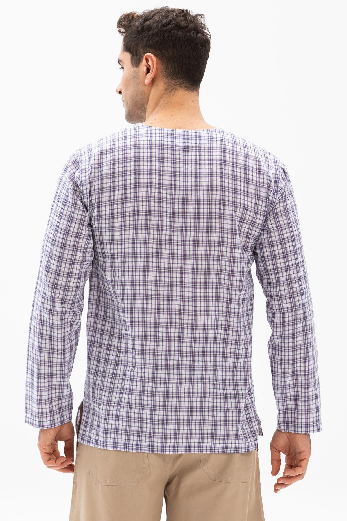 Toptan Uzun Kol Şile Bezi Zımbalı Erkek Tshirt Mor Kareli