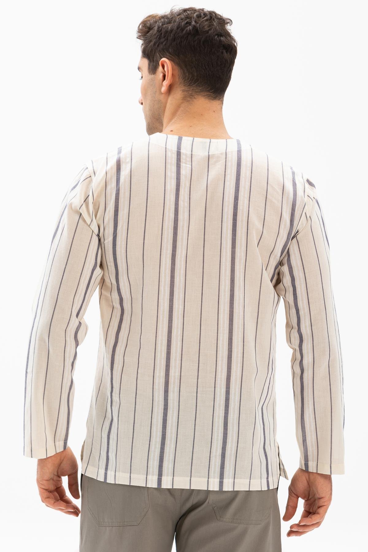 Toptan Uzun Kol Şile Bezi Zımbalı Erkek Tshirt Ekru Gri Çizgili