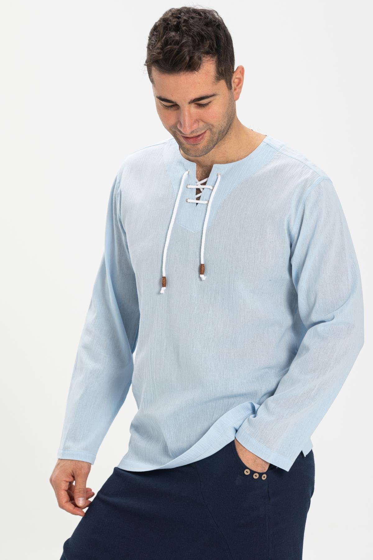 Toptan Uzun Kol Şile Bezi Zımbalı Erkek Tshirt Buz Mavi