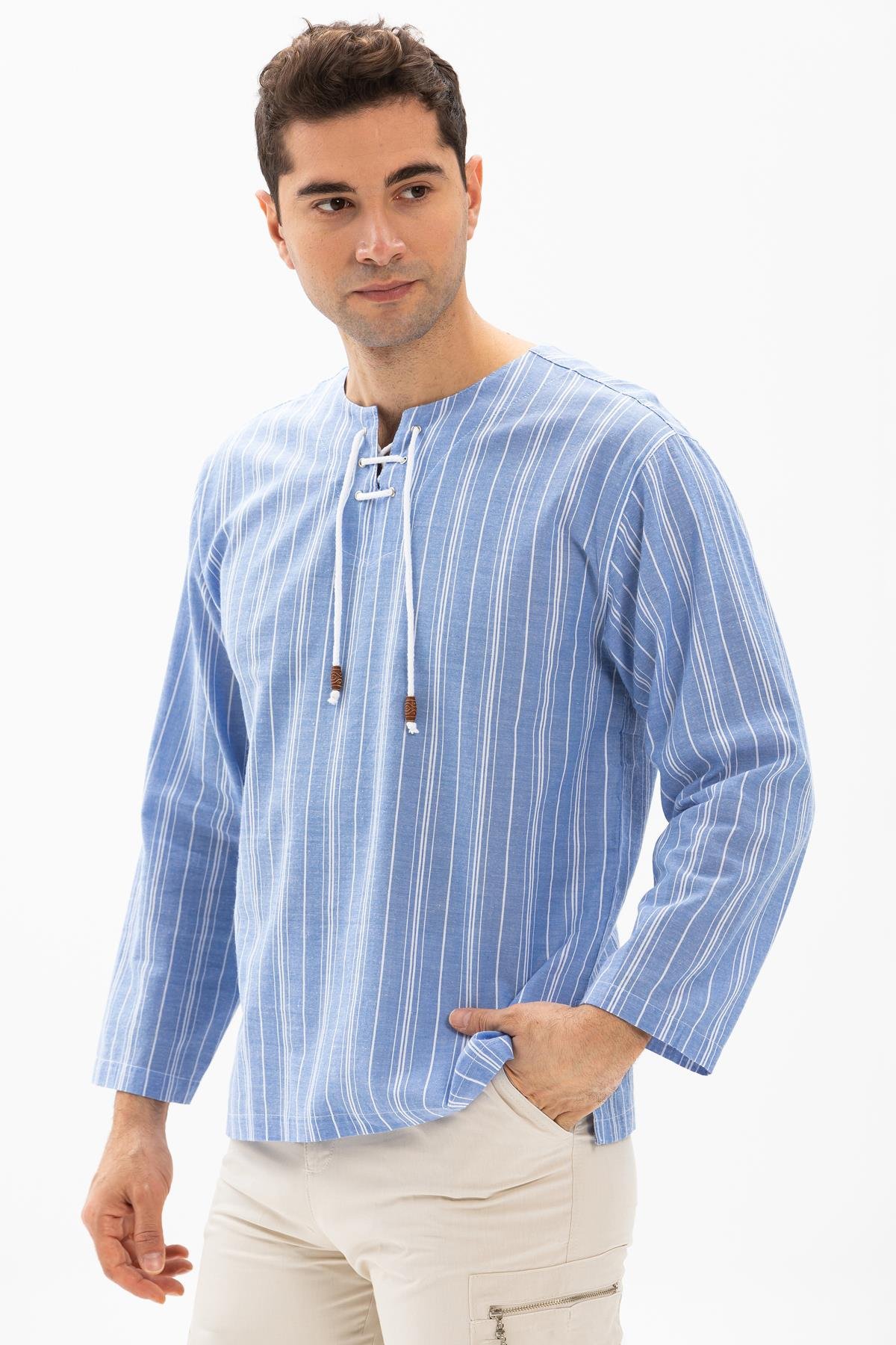 Toptan Uzun Kol Şile Bezi Zımbalı Erkek Tshirt Mavi Beyaz Çizgili