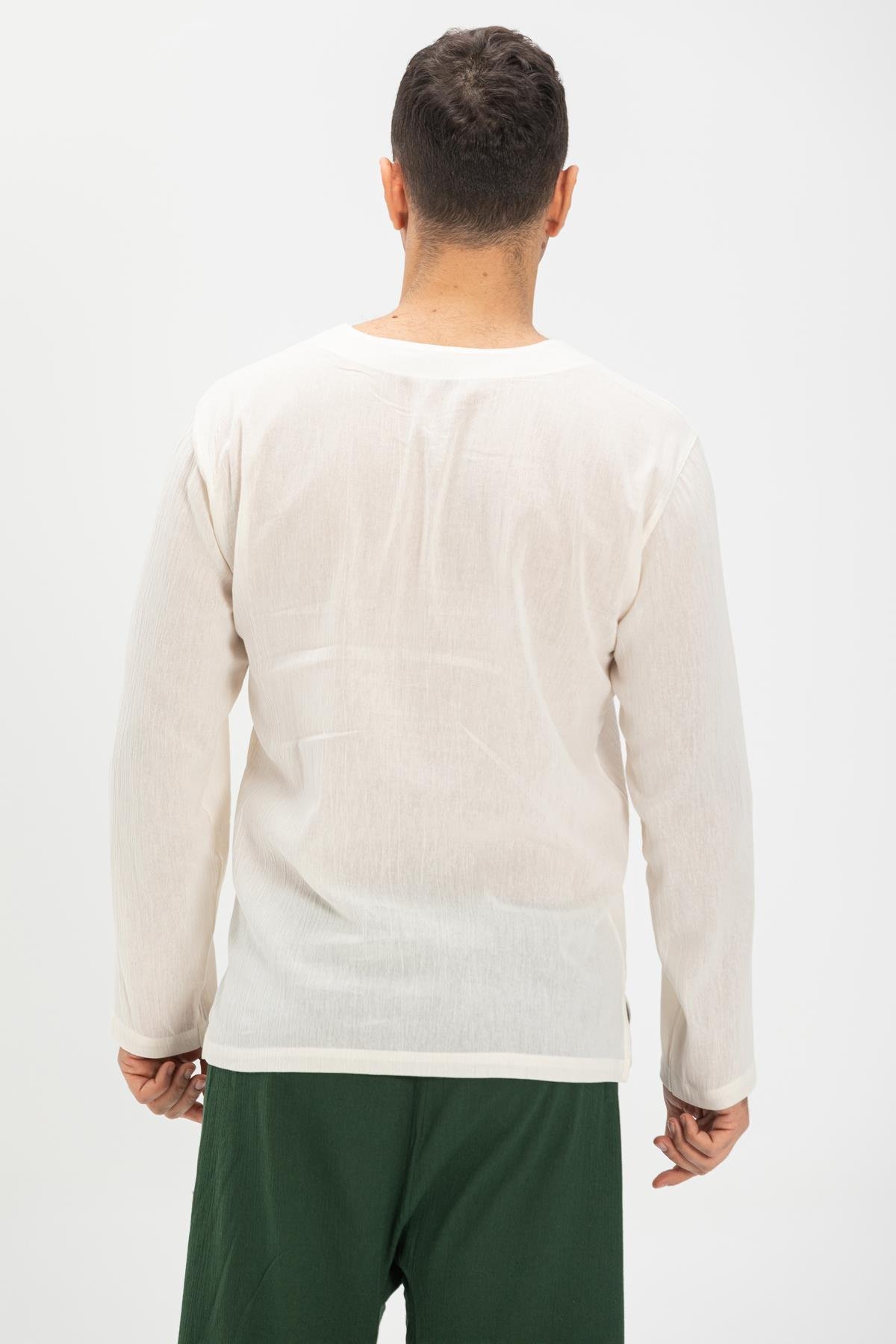 Toptan Uzun Kol Şile Bezi Zımbalı Erkek Tshirt Krem