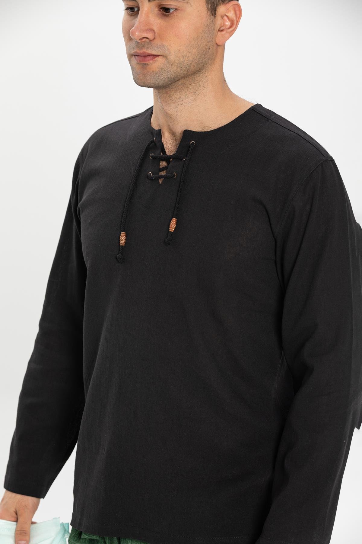 Toptan Uzun Kol Şile Bezi Zımbalı Erkek Tshirt Siyah