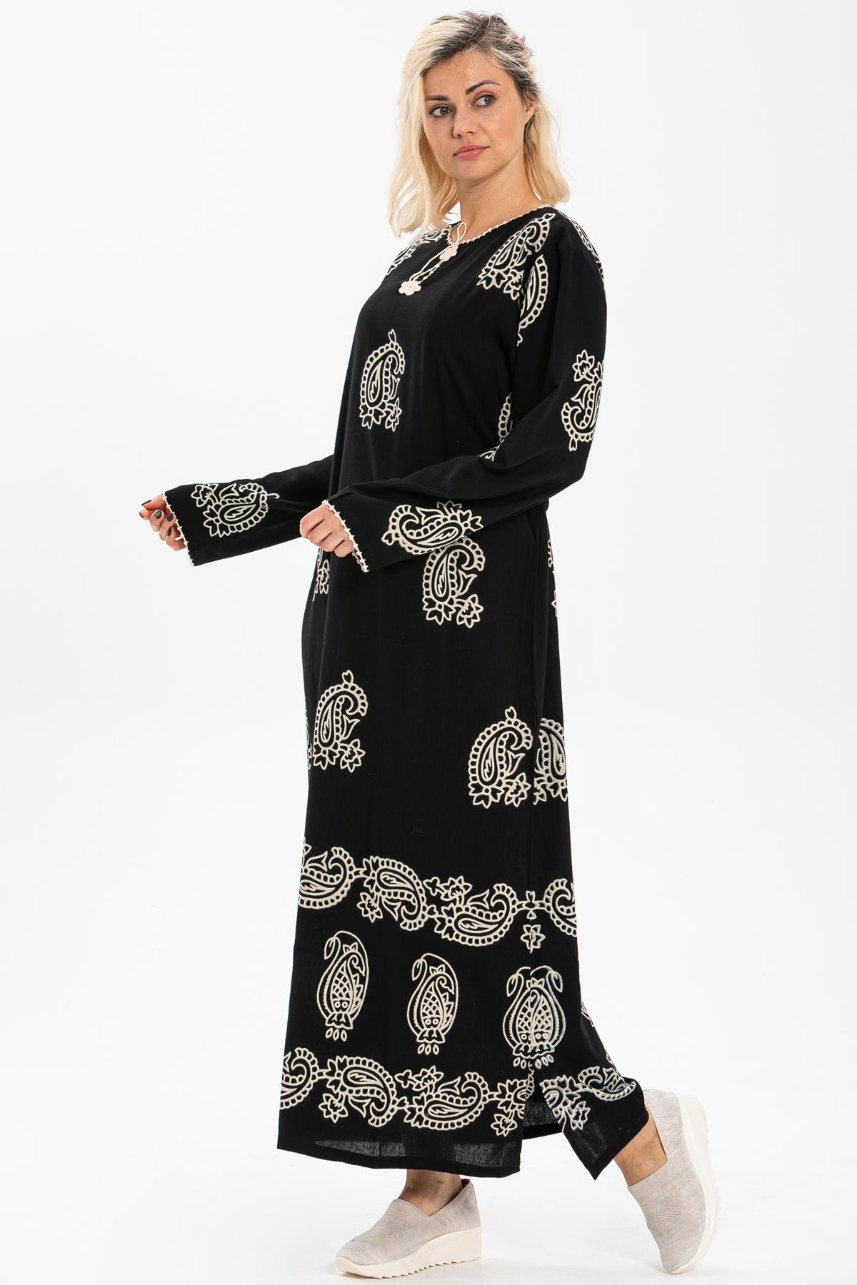 Toptan Uzun Kol Taş Baskı Pamuk Elbise Şal Desen