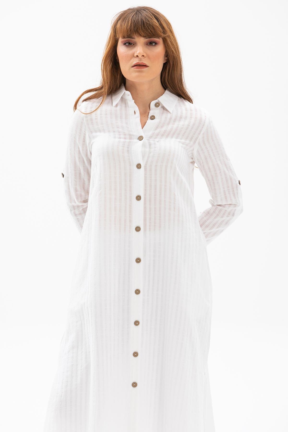 Toptan Yakalı Uzun Gofre Tunik Beyaz