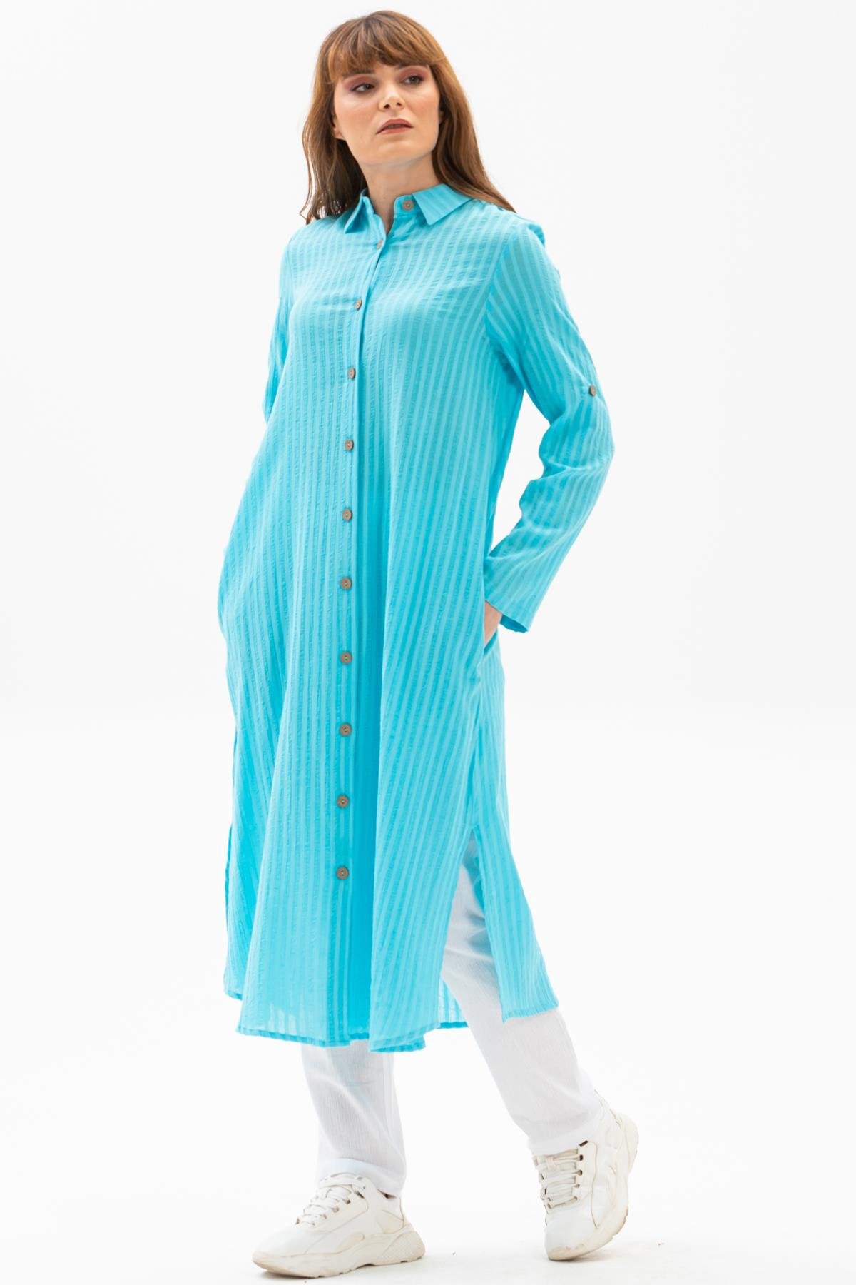 Toptan Yakalı Uzun Gofre Tunik Buz Mavi