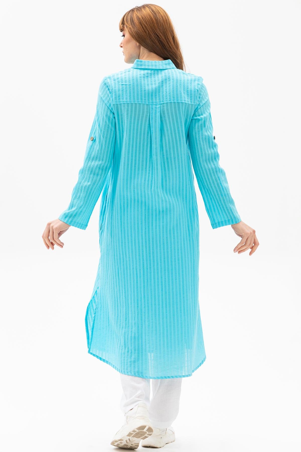 Toptan Yakalı Uzun Gofre Tunik Buz Mavi