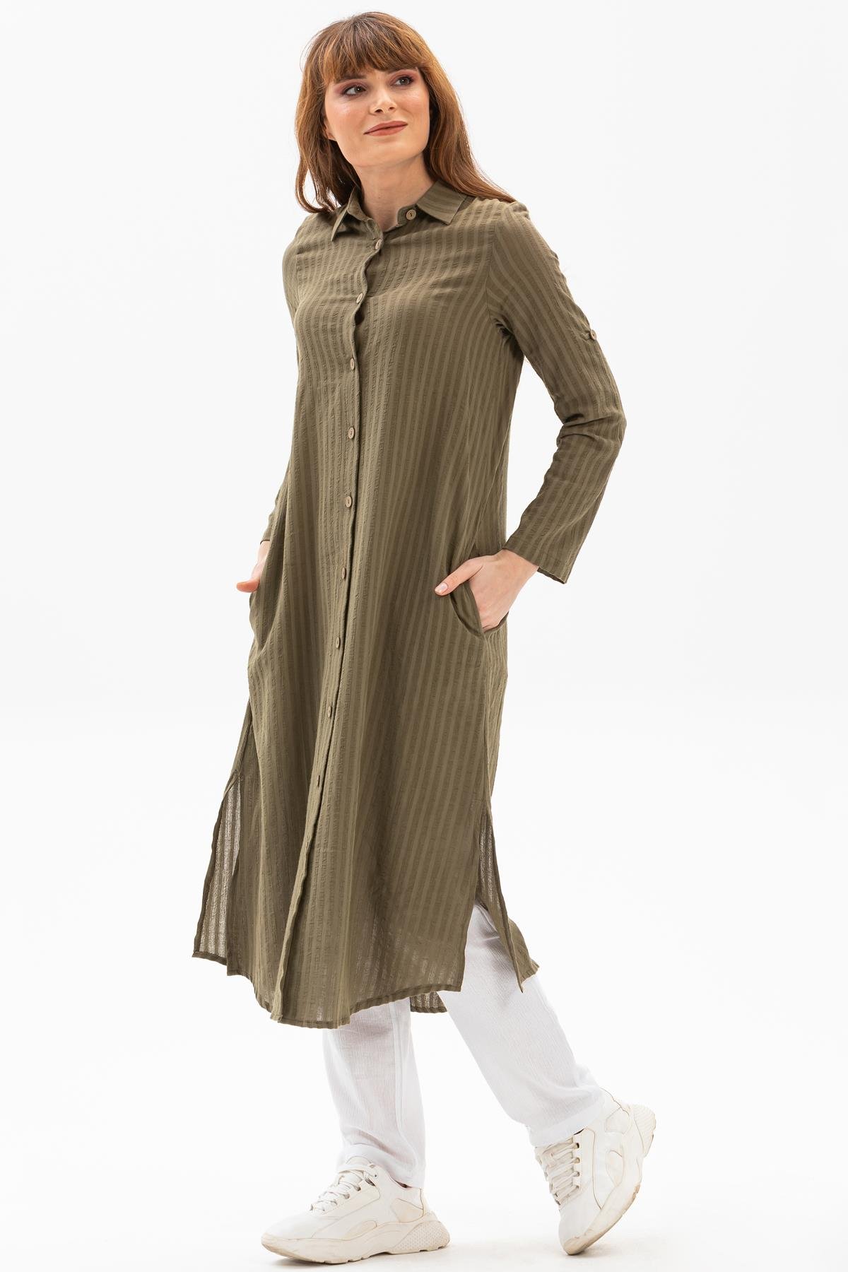 Toptan Yakalı Uzun Gofre Tunik Haki