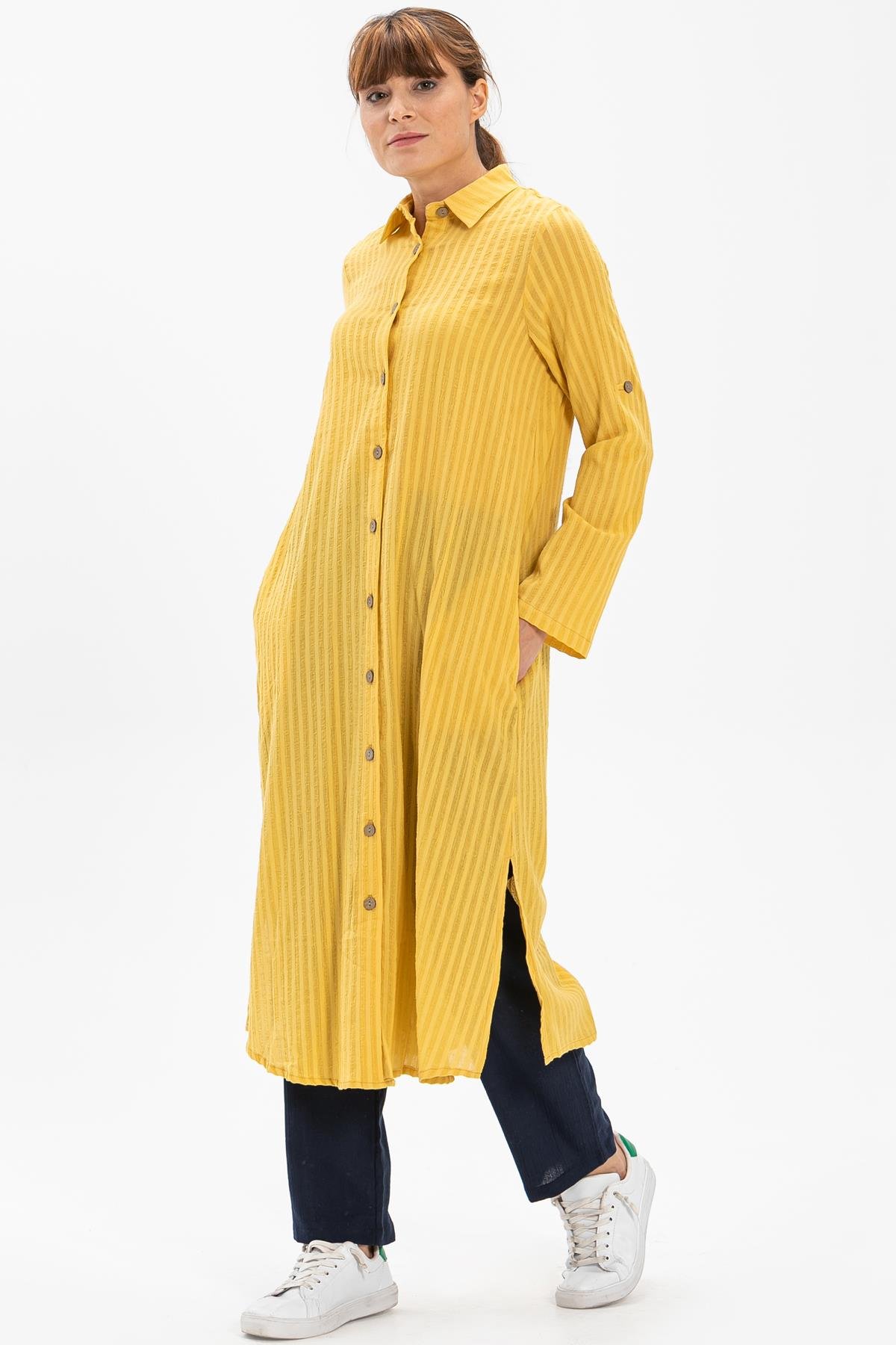 Toptan Yakalı Uzun Gofre Tunik Sarı