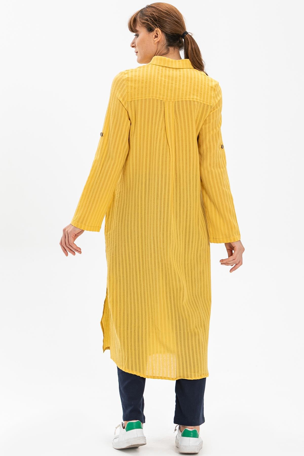 Toptan Yakalı Uzun Gofre Tunik Sarı