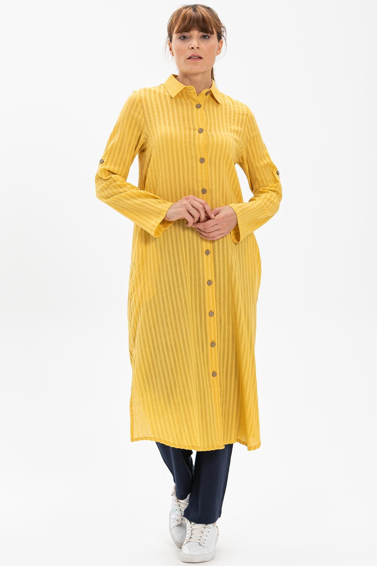 Toptan Yakalı Uzun Gofre Tunik Sarı