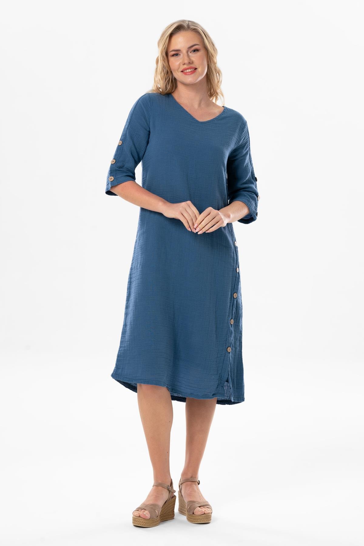 Truvakar Kol İzel Midi Boy Yazlık Müslin Elbise İndigo indg