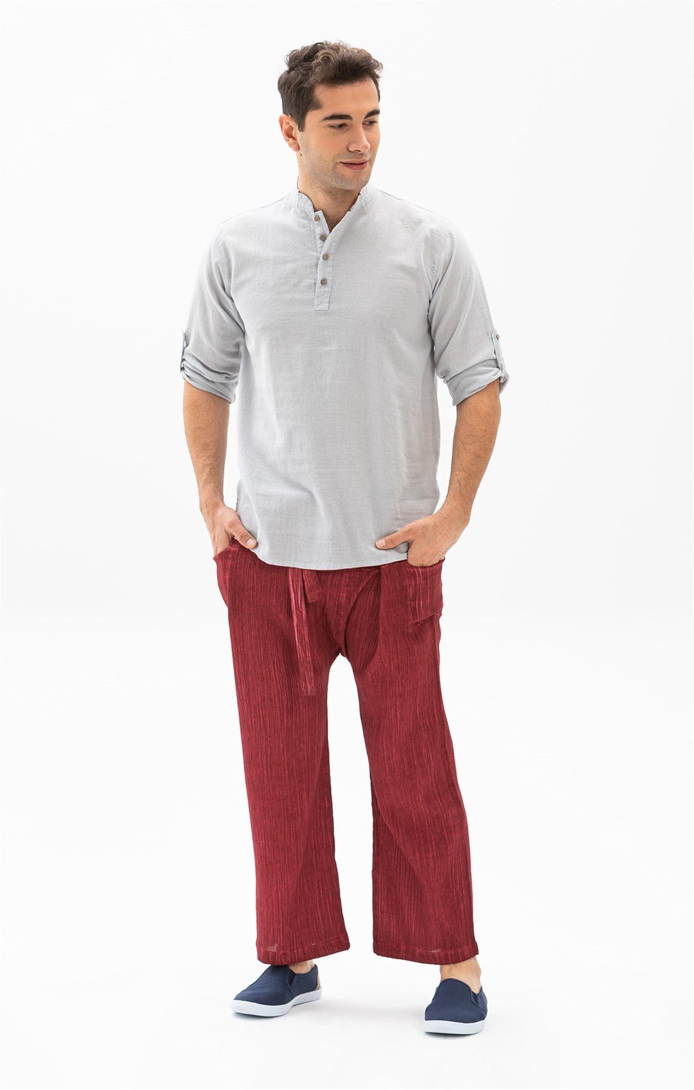 Unisex Şile Bezi Balıkçı Pantolon Taşlı Bordo Tslbrd